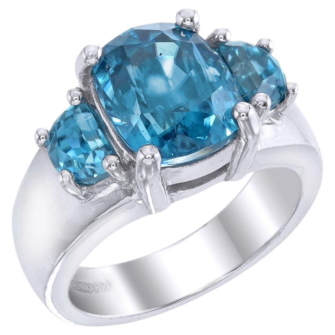 Orloff of Denmark, 7.83 ct Blue Zircon Three-Stone Ring set in Sterling Silver For Sale