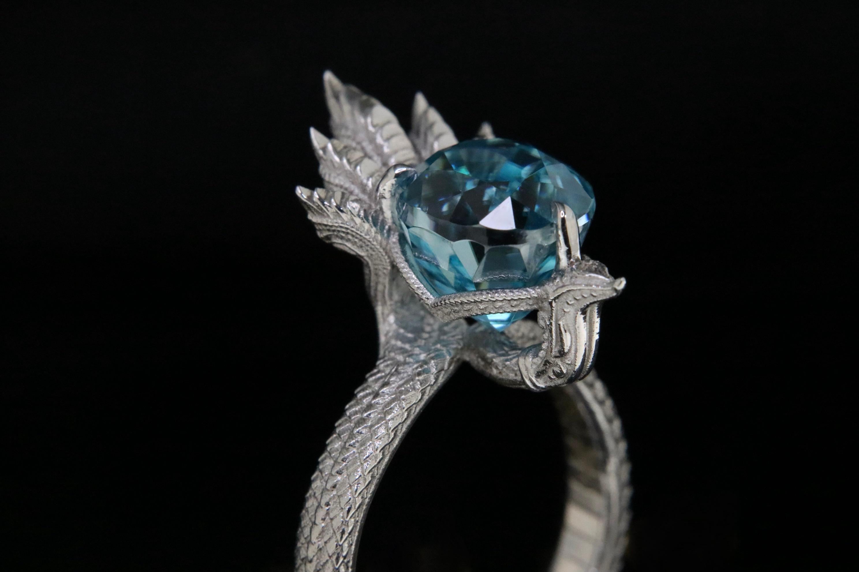 Oval Cut Orloff of Denmark, Auspicious Five-Headed Naga, Blue Zircon Sculpture Ring For Sale