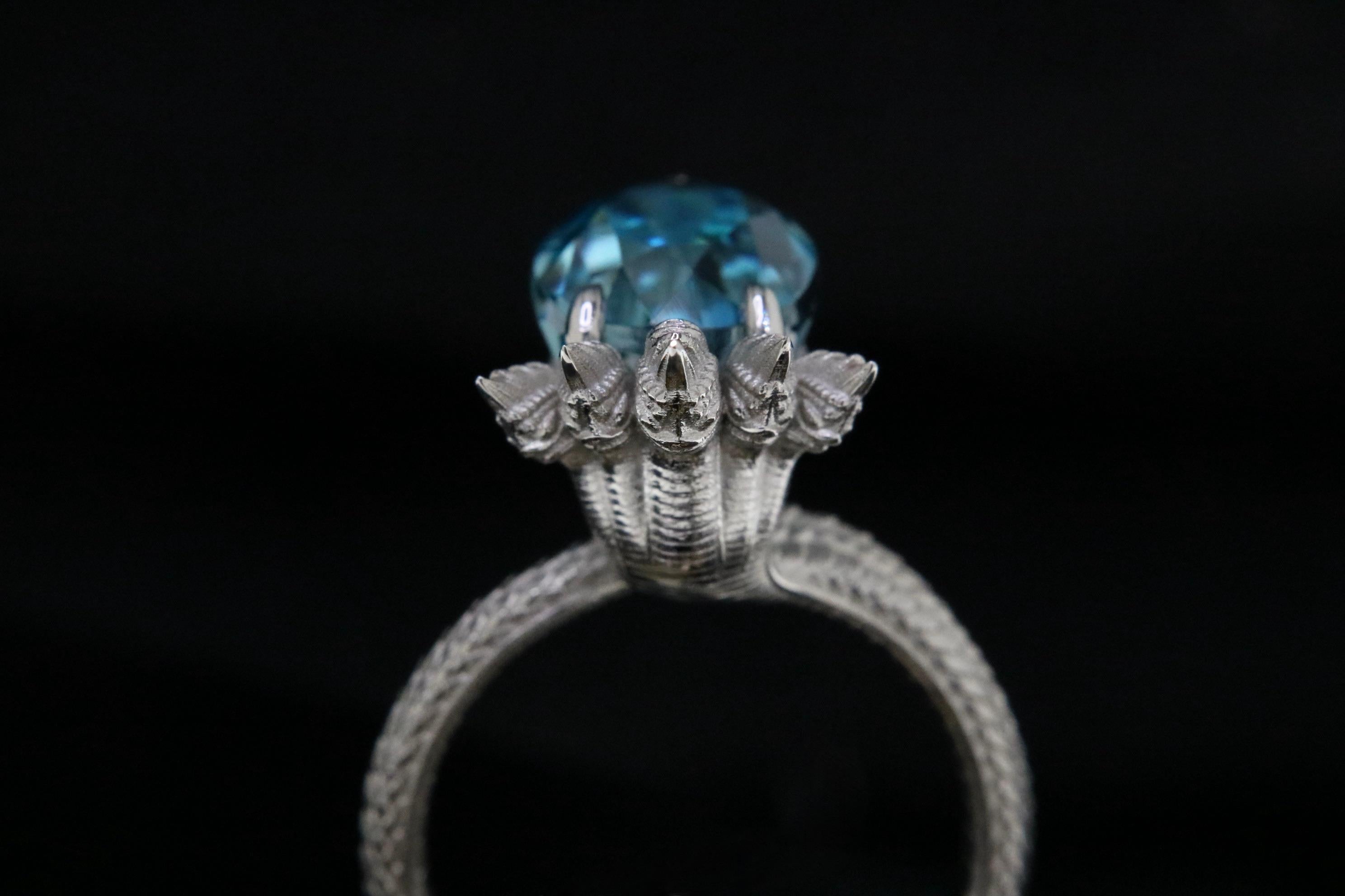 Orloff of Denmark, Auspicious Five-Headed Naga, Blue Zircon Sculpture Ring For Sale 1