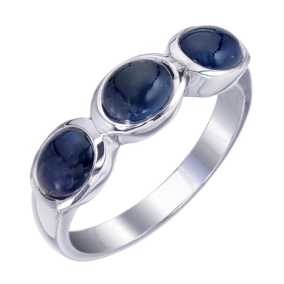 Orloff of Denmark; Triple-Stone Blue Sapphire Sterling Silver Ring.

This ring is adorned with three stunning blue cabochon sapphires elegantly set in a row. This exquisite piece combines classic design with timeless beauty, making it the perfect