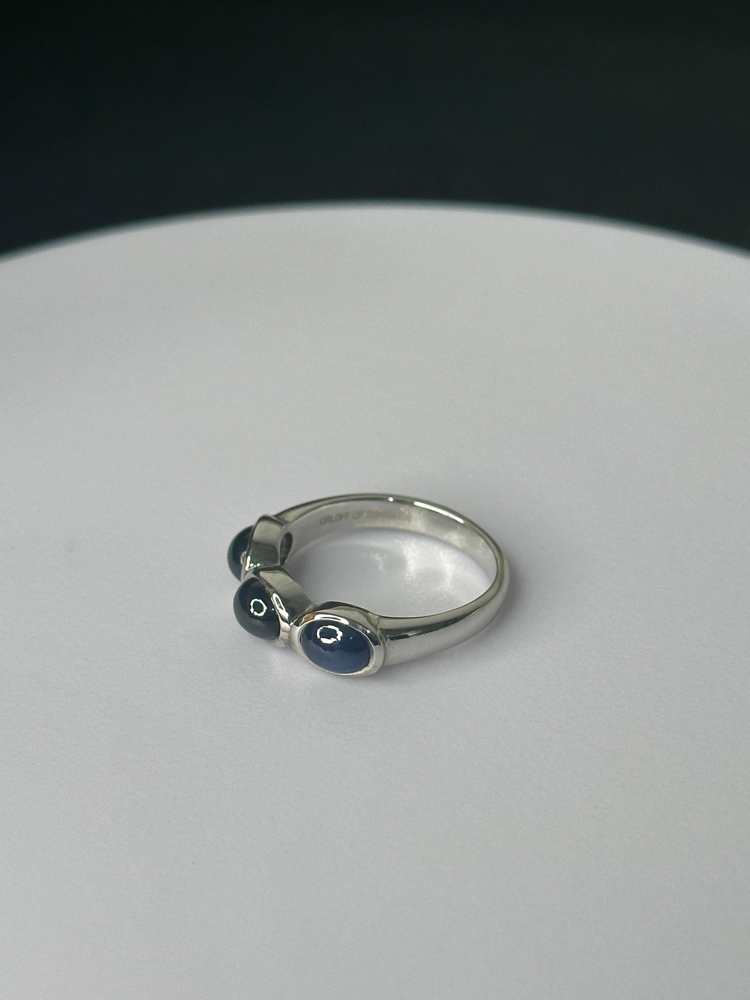 Cabochon Orloff of Denmark, Blue Sapphire Three-Stone Ring forged in 925 Sterling Silver