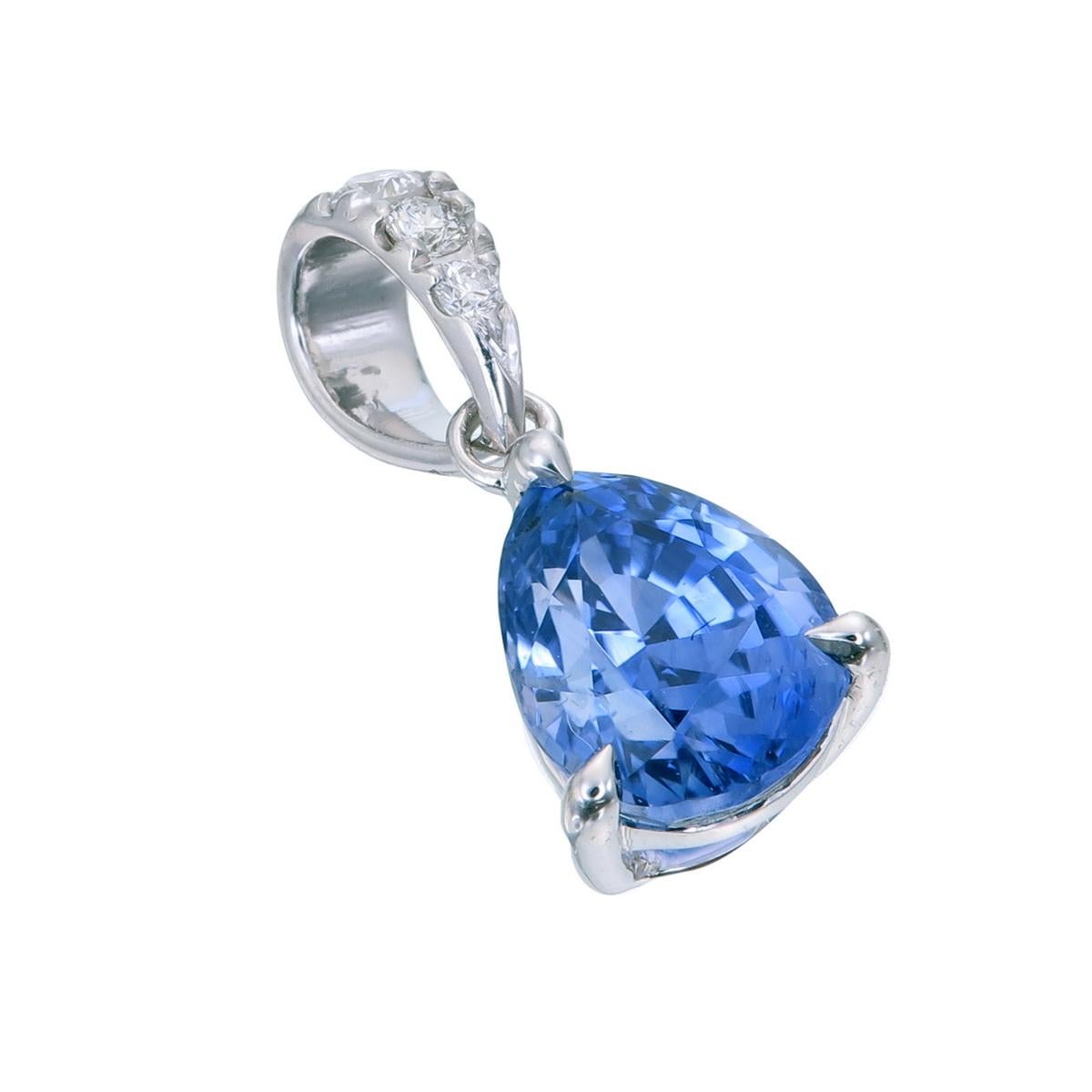 Pear Cut Orloff of Denmark, Cornflower Blue Sapphire Diamond Pendant, 14 Karat White Gold
