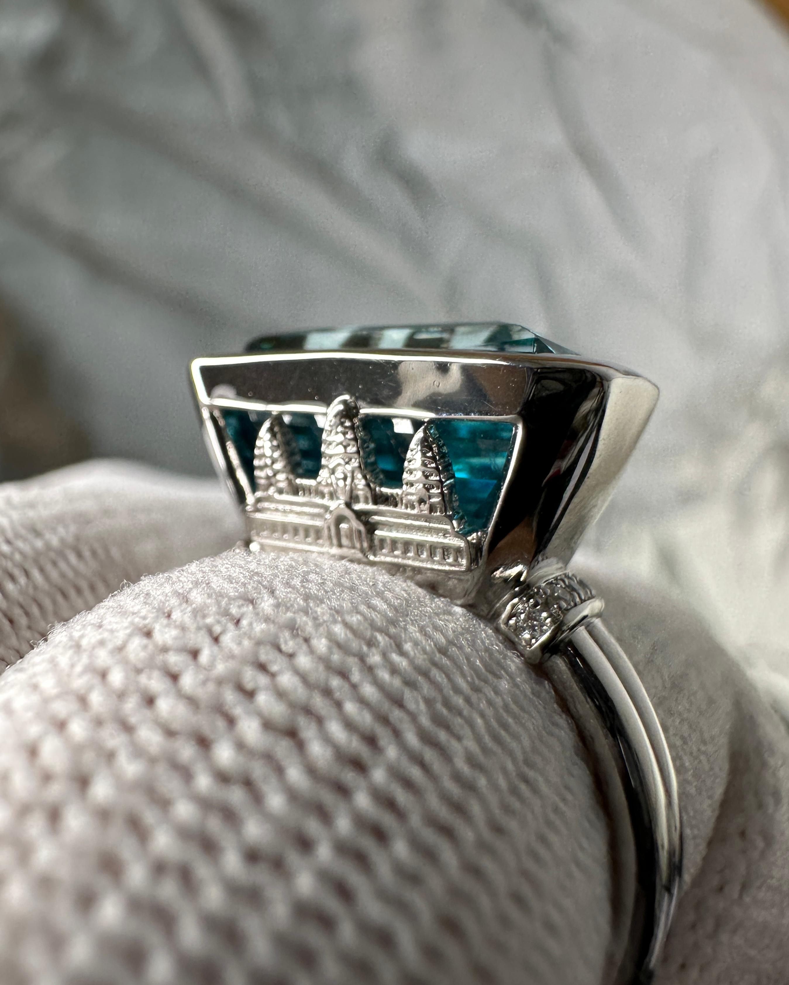 Octagon Cut Orloff of Denmark, Grand Temple of Angkor, 10.84ct Blue Zircon Sculpture Ring For Sale