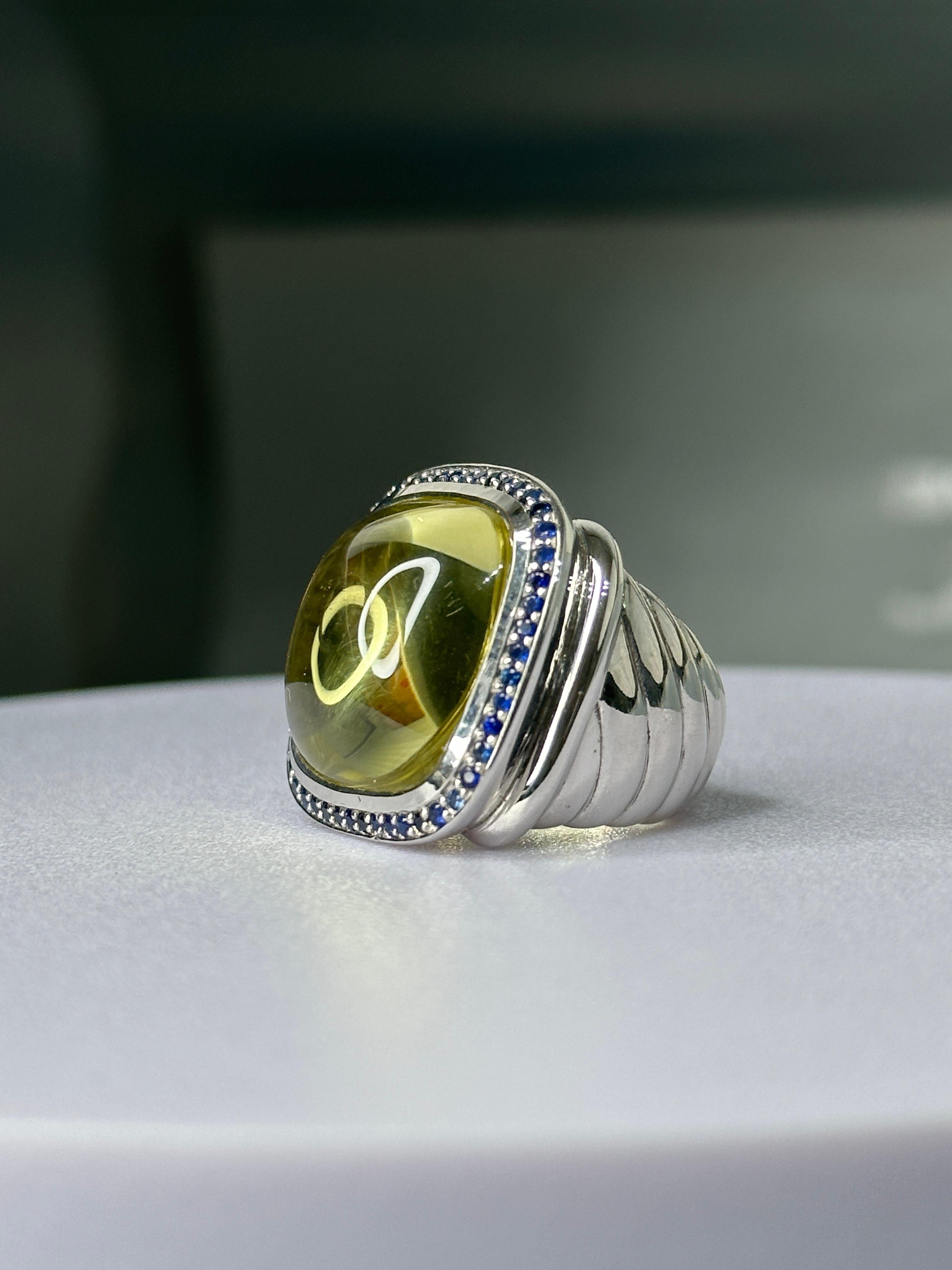 Cabochon Orloff of Denmark, Lemon Quartz & Blue Sapphire Statement Ring - 925 Silver