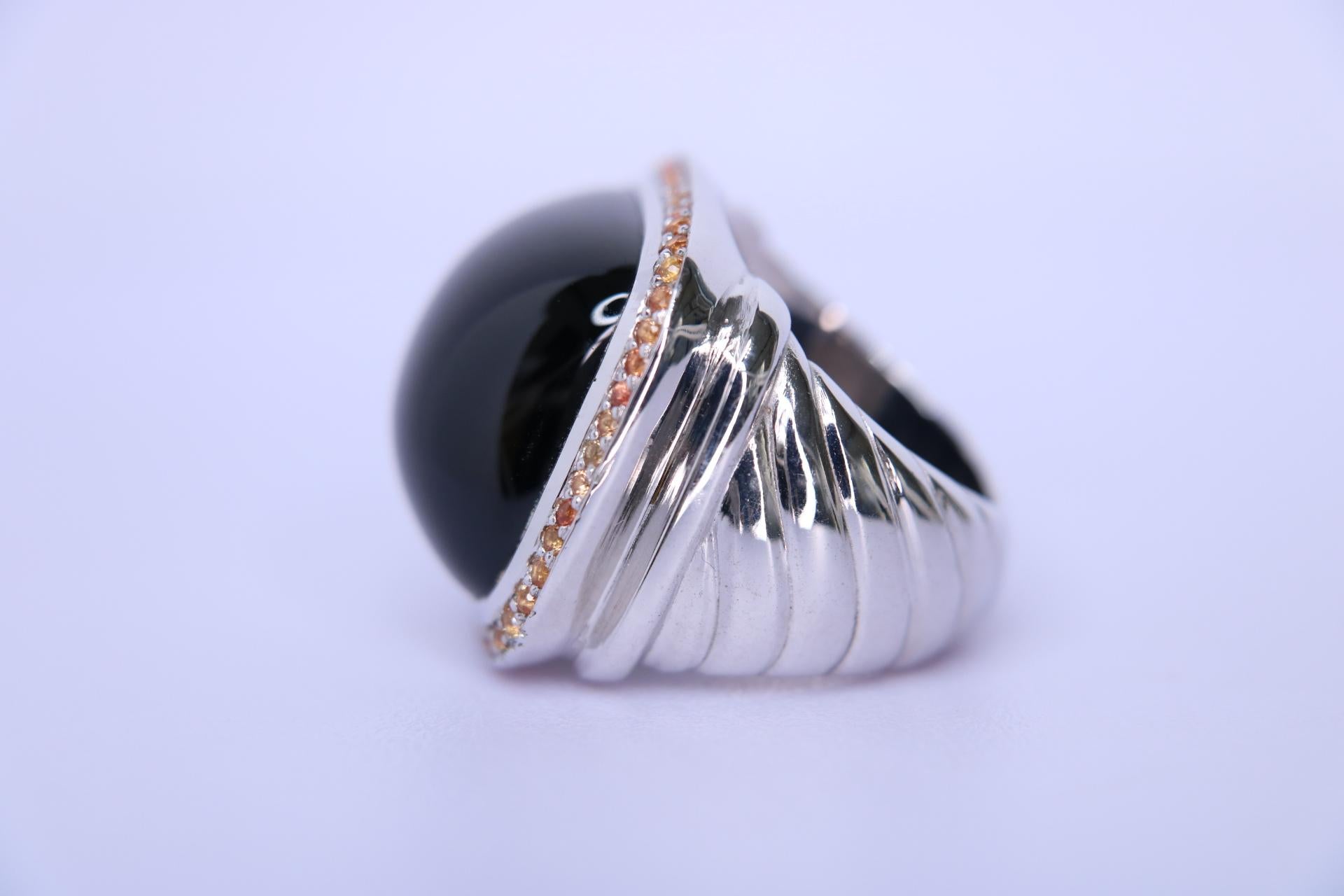 Contemporary Orloff of Denmark, Onyx & Orange Sapphire Statement Ring - 925 Silver For Sale