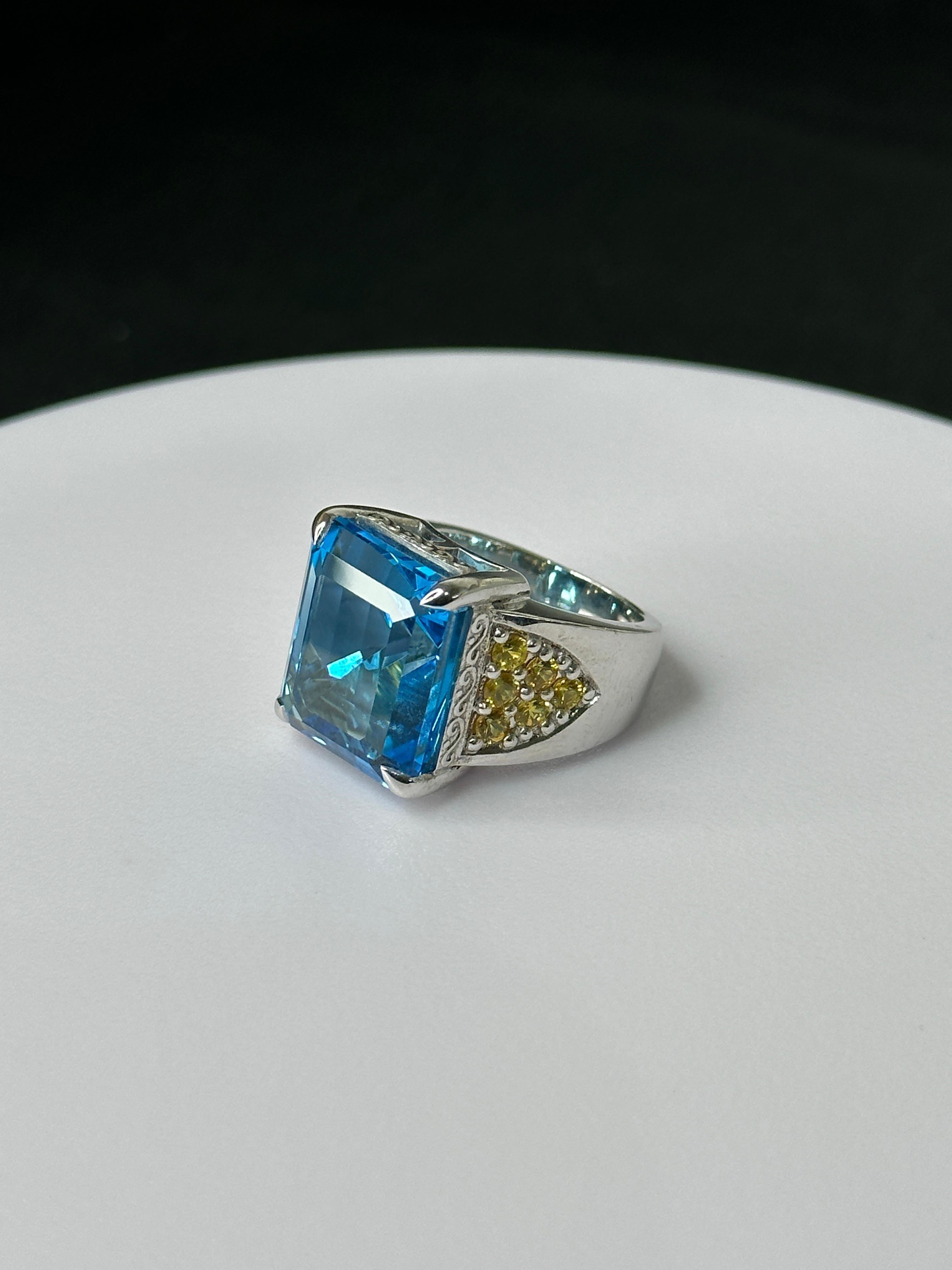 Octagon Cut Orloff of Denmark, Swiss Blue Topaz & Sapphire Ring set in 925 Sterling Silver For Sale