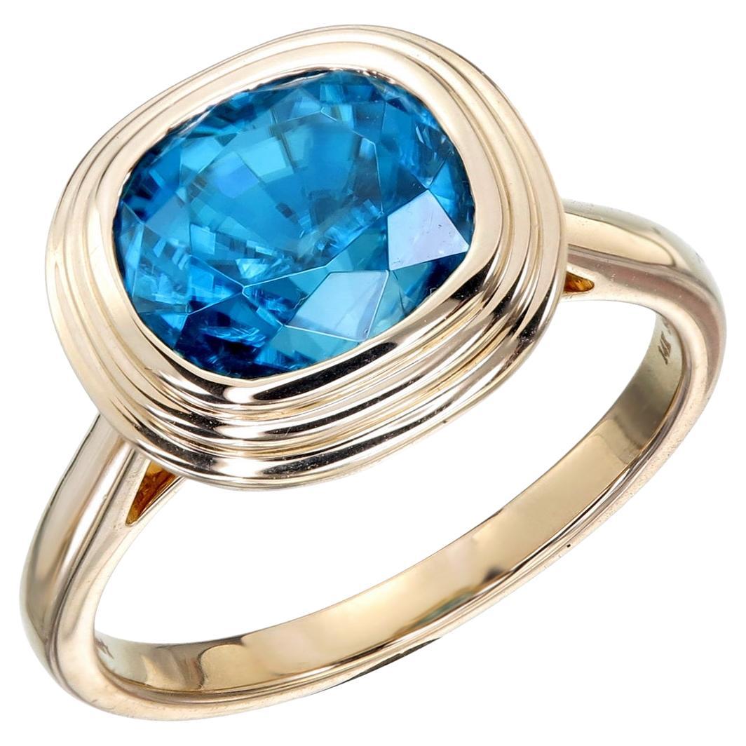 Orloff of Denmark, Triple Bezel 6.12 ct Blue Zircon Ring set in 14K Yellow Gold For Sale