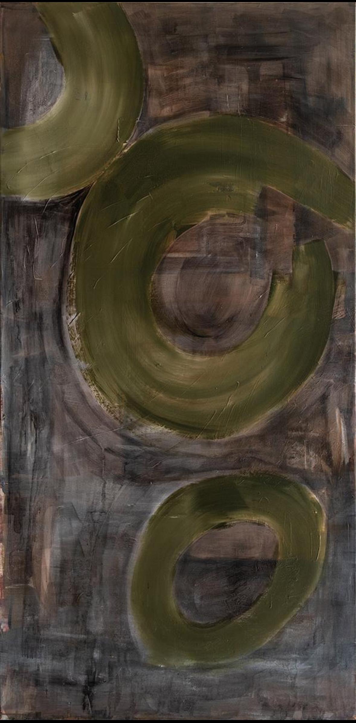 An abstract composition featuring soft organic shapes in muted earth tones and translucent blues. The forms resemble fluid droplets or anatomical structures, outlined loosely with expressive strokes. Gentle washes of color drip downward, creating