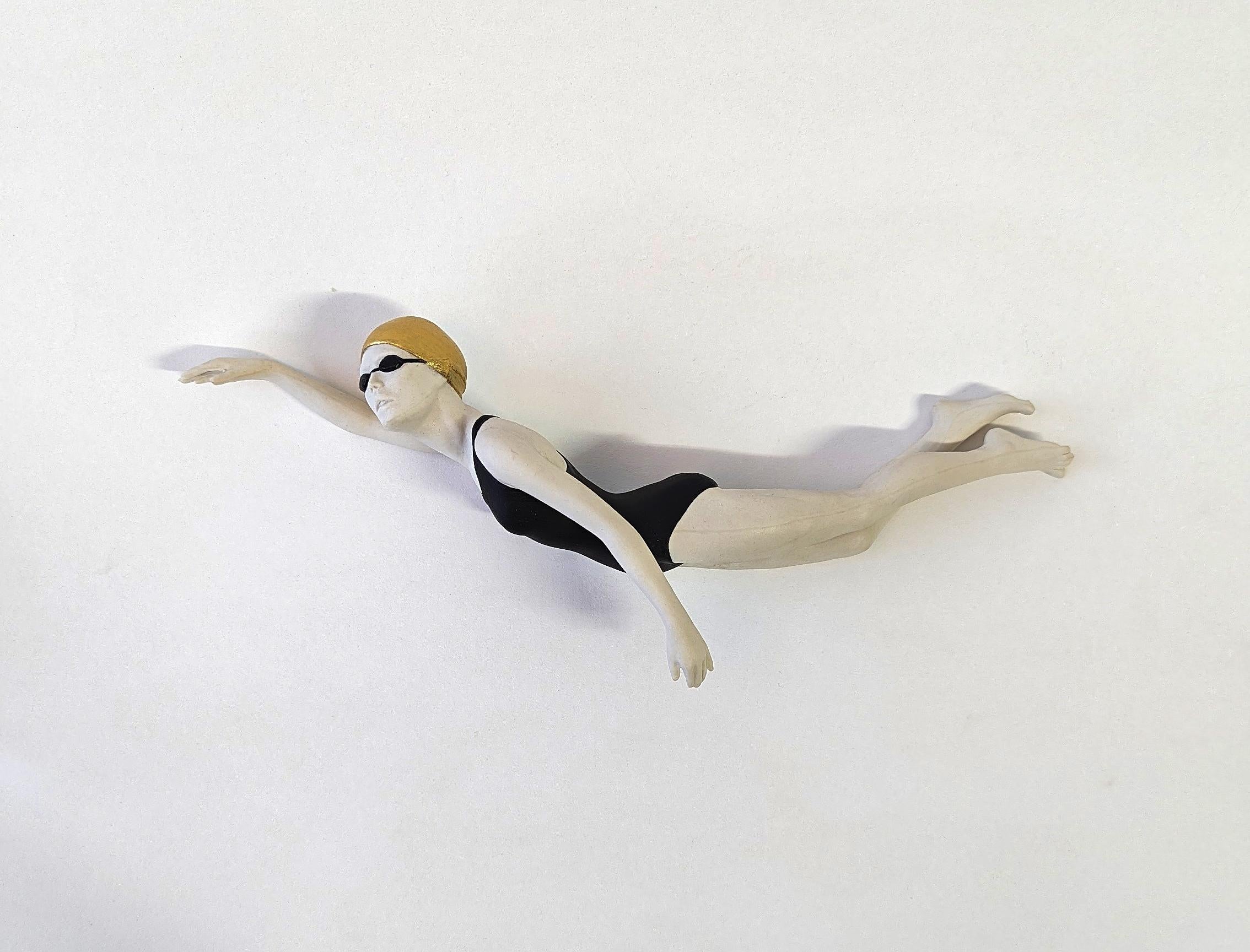 Swimmer Gold Hat - figurative sculpture  - Contemporary Sculpture by Orly Montag