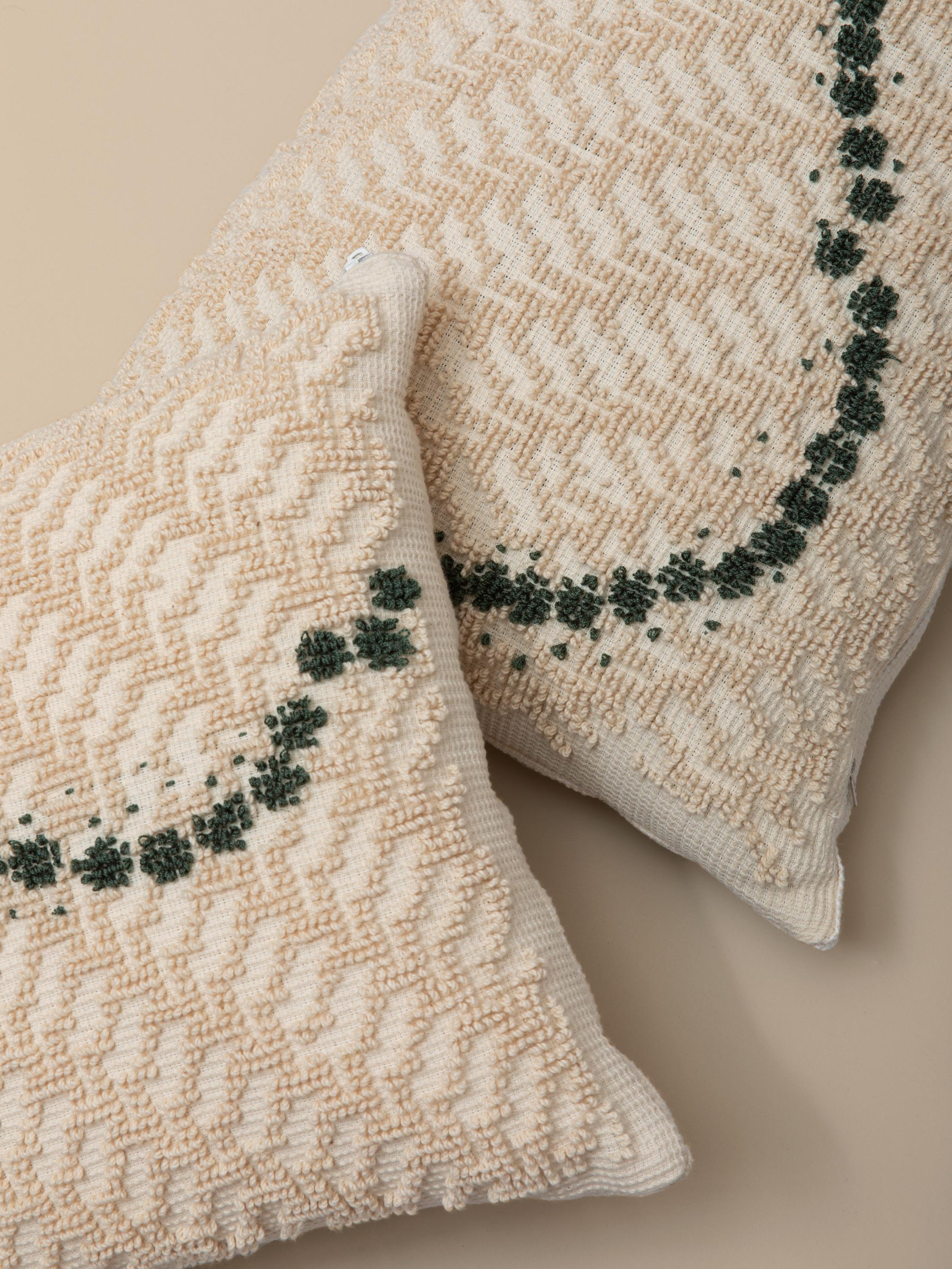Italian ORMA, Square Natural White and Green Cotton Cushion
