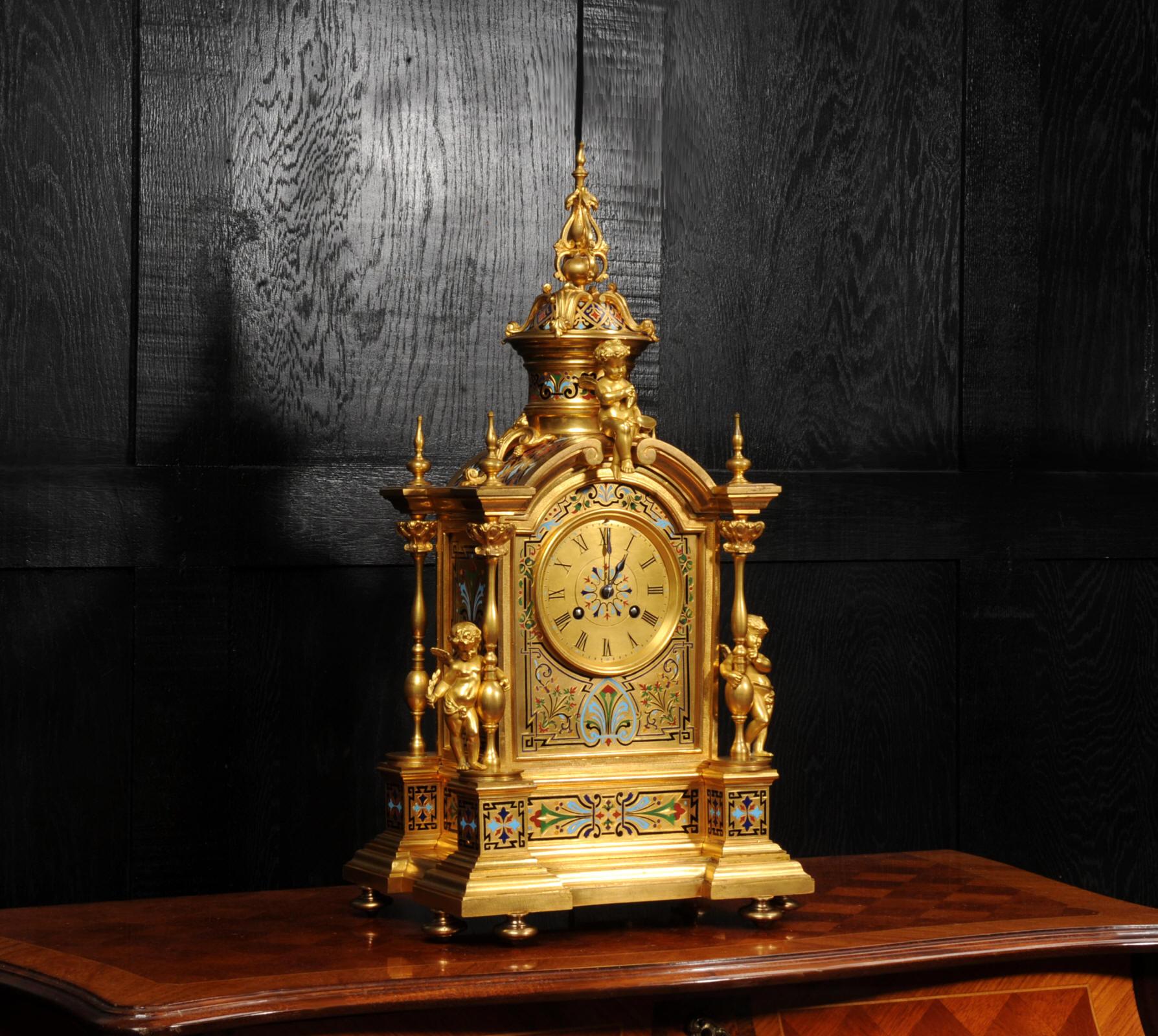 Horloge française ancienne en bronze doré et émail champlevé de Le Roy & Fils  en vente 4