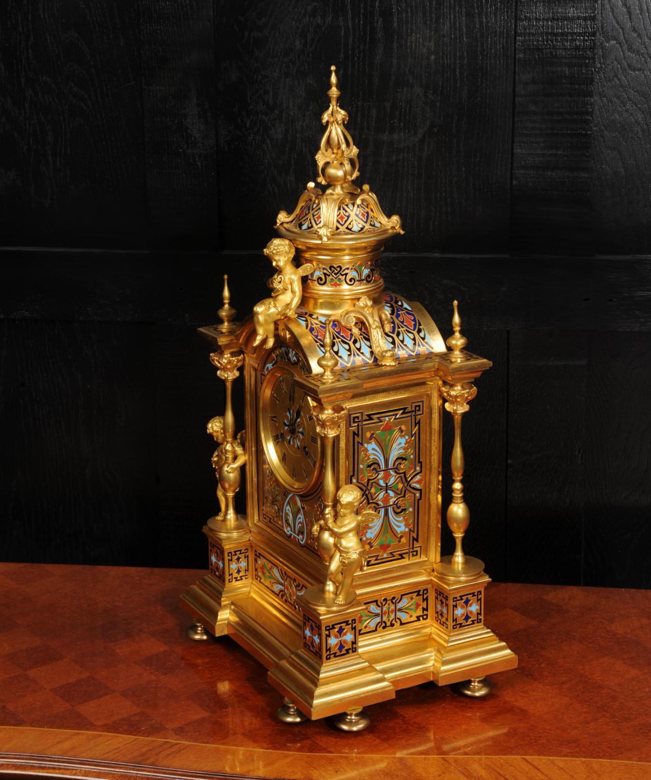 Horloge française ancienne en bronze doré et émail champlevé de Le Roy & Fils  en vente 5