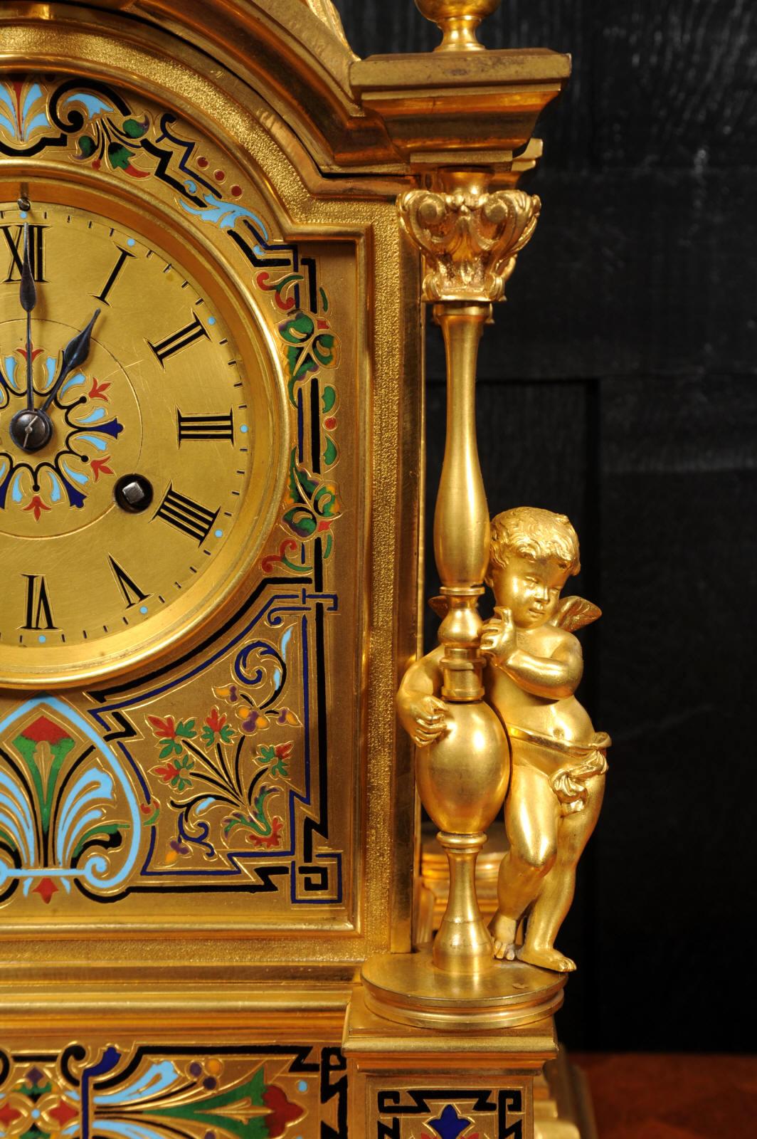 Horloge française ancienne en bronze doré et émail champlevé de Le Roy & Fils  en vente 6
