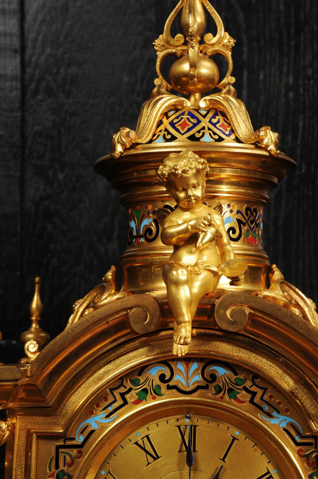 Horloge française ancienne en bronze doré et émail champlevé de Le Roy & Fils  en vente 7
