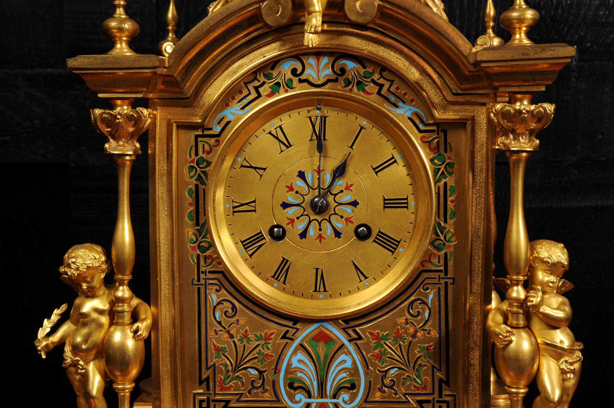 Horloge française ancienne en bronze doré et émail champlevé de Le Roy & Fils  en vente 8