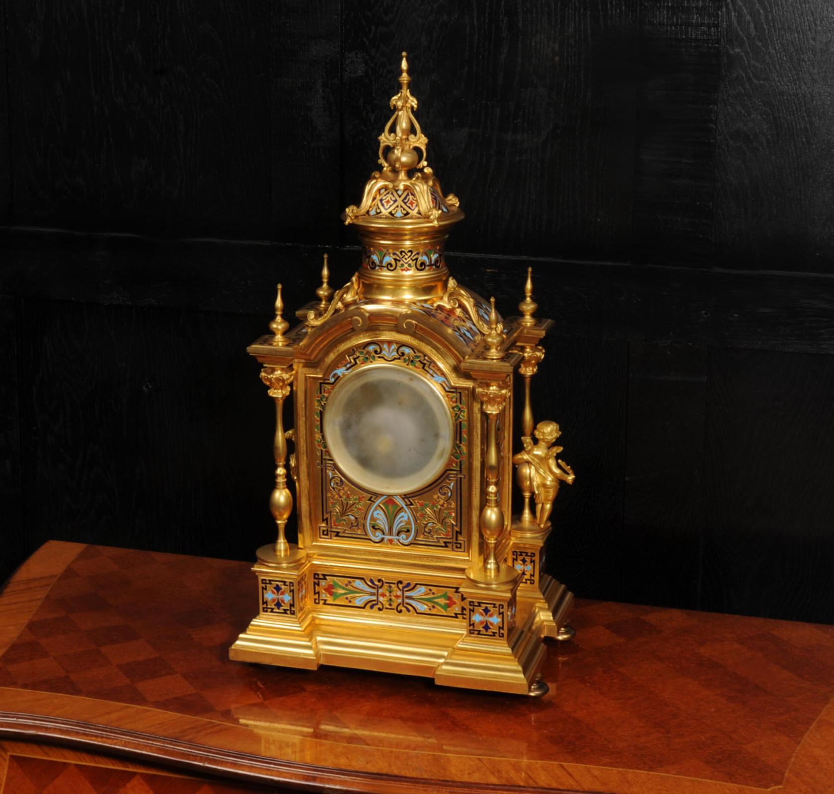 Horloge française ancienne en bronze doré et émail champlevé de Le Roy & Fils  en vente 9