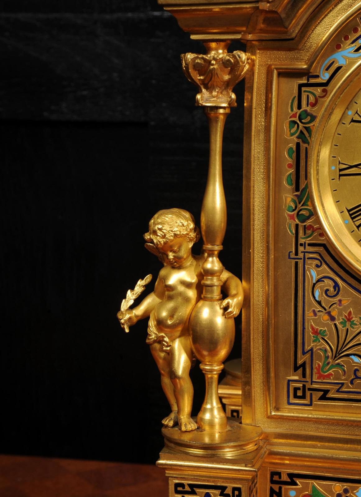 Horloge française ancienne en bronze doré et émail champlevé de Le Roy & Fils  Bon état - En vente à Belper, Derbyshire