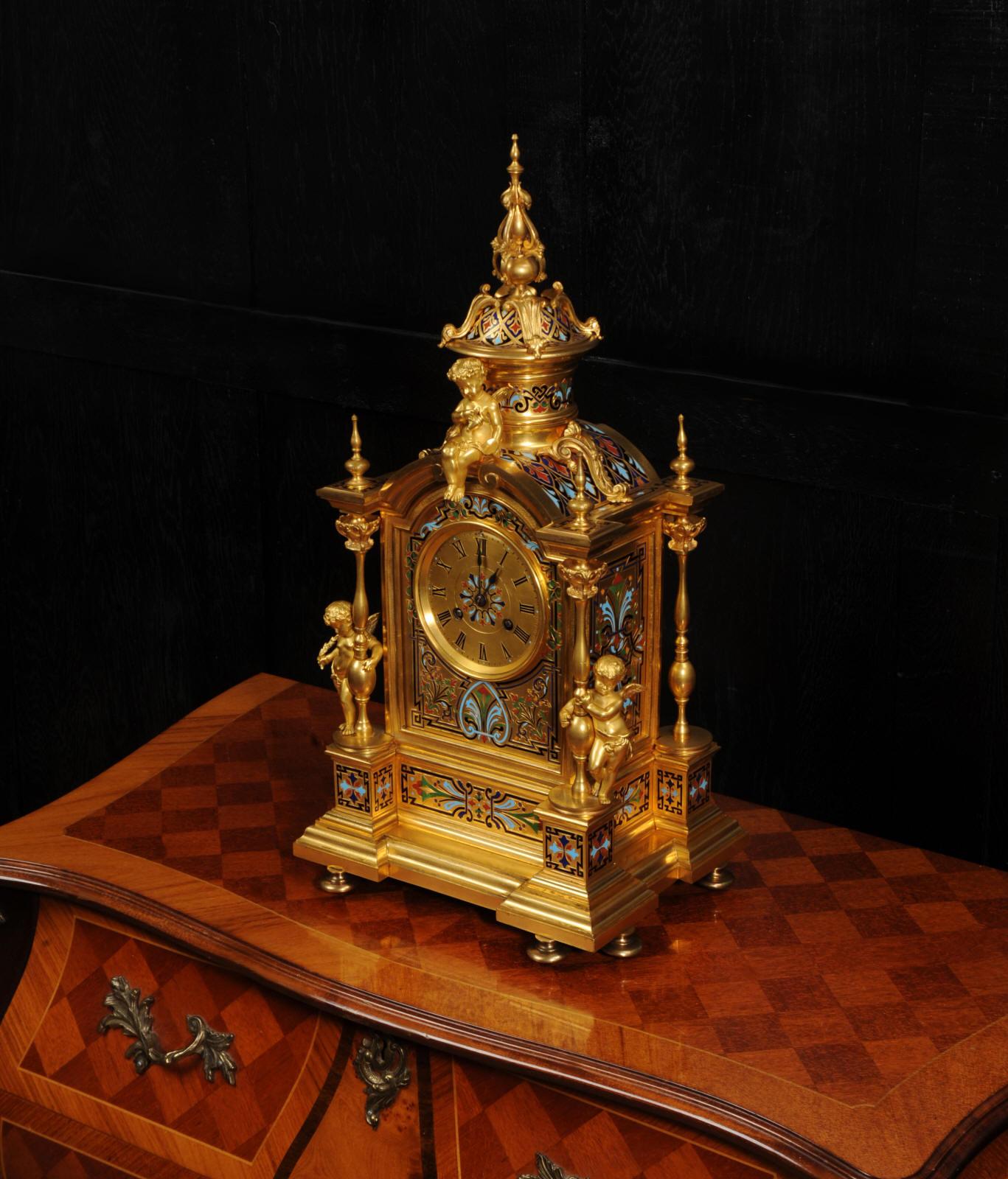 Émail Horloge française ancienne en bronze doré et émail champlevé de Le Roy & Fils  en vente