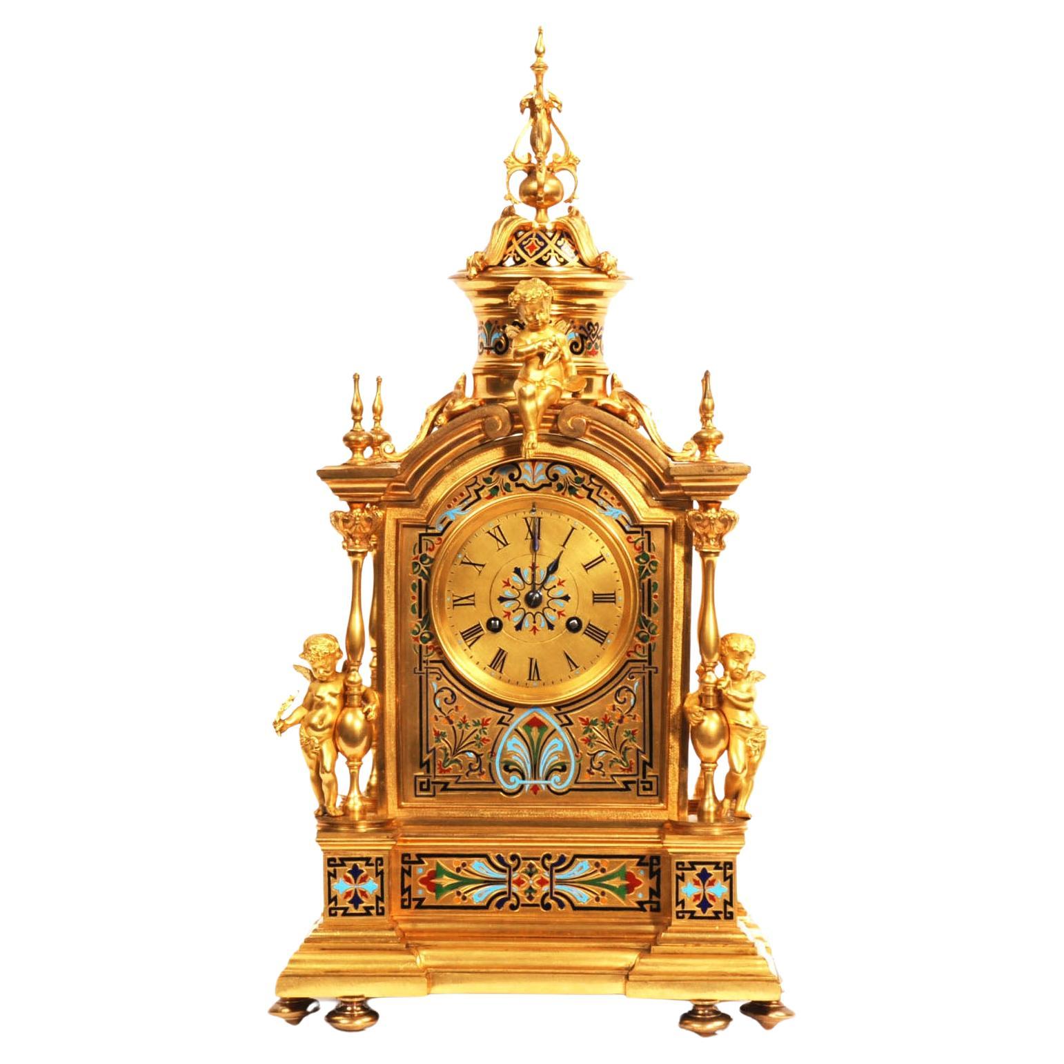 Antike französische Uhr aus Goldbronze und Champleve-Emaille von Le Roy & Fils 