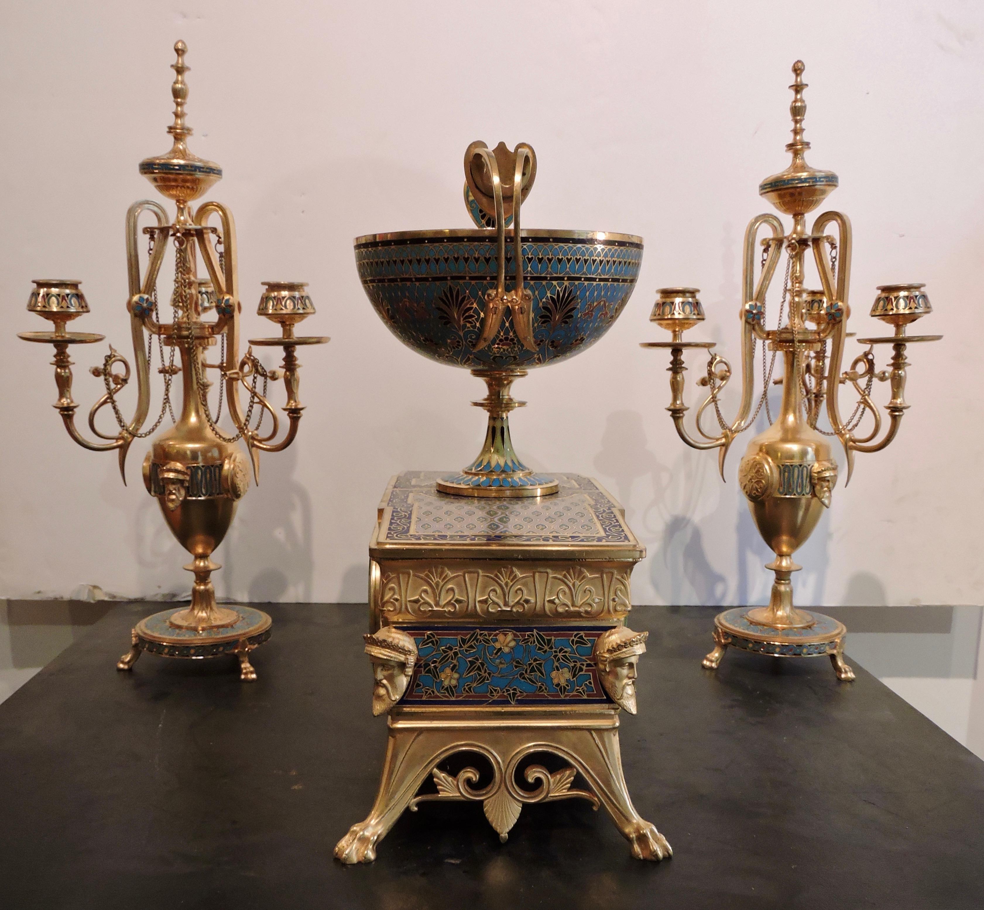 Greek Revival Ormolu and Cloisonné Enamel Three-Piece Clock Garniture by F.Barbedienne