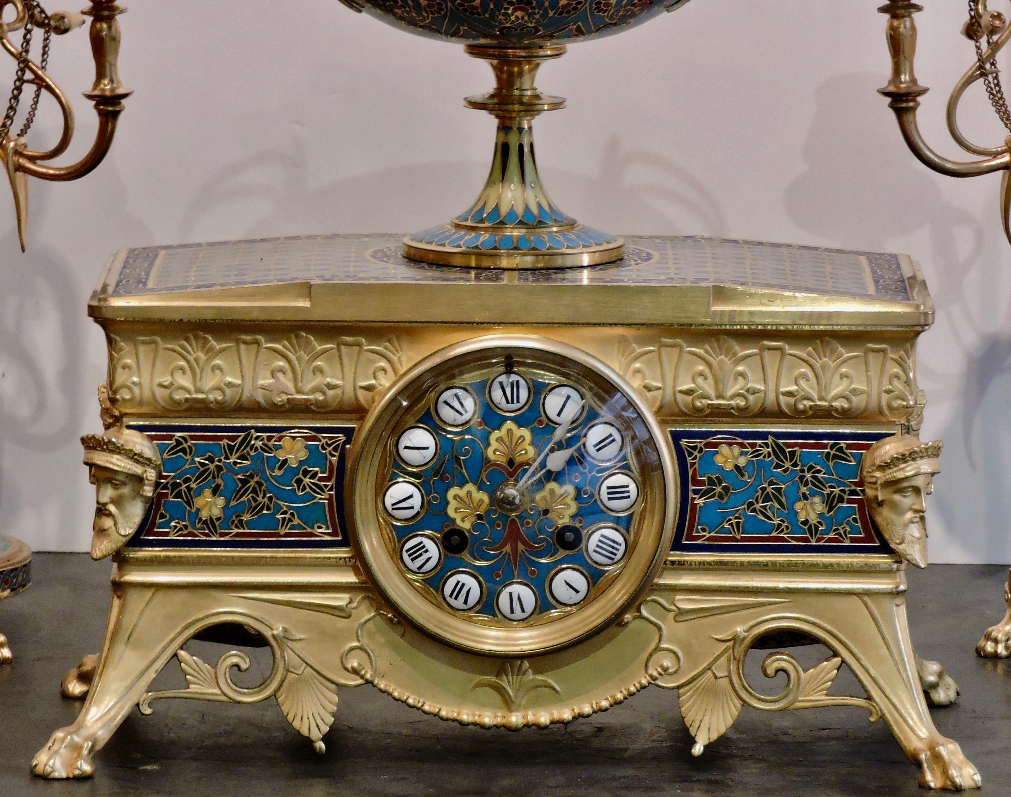 French Ormolu and Cloisonné Enamel Three-Piece Clock Garniture by F.Barbedienne