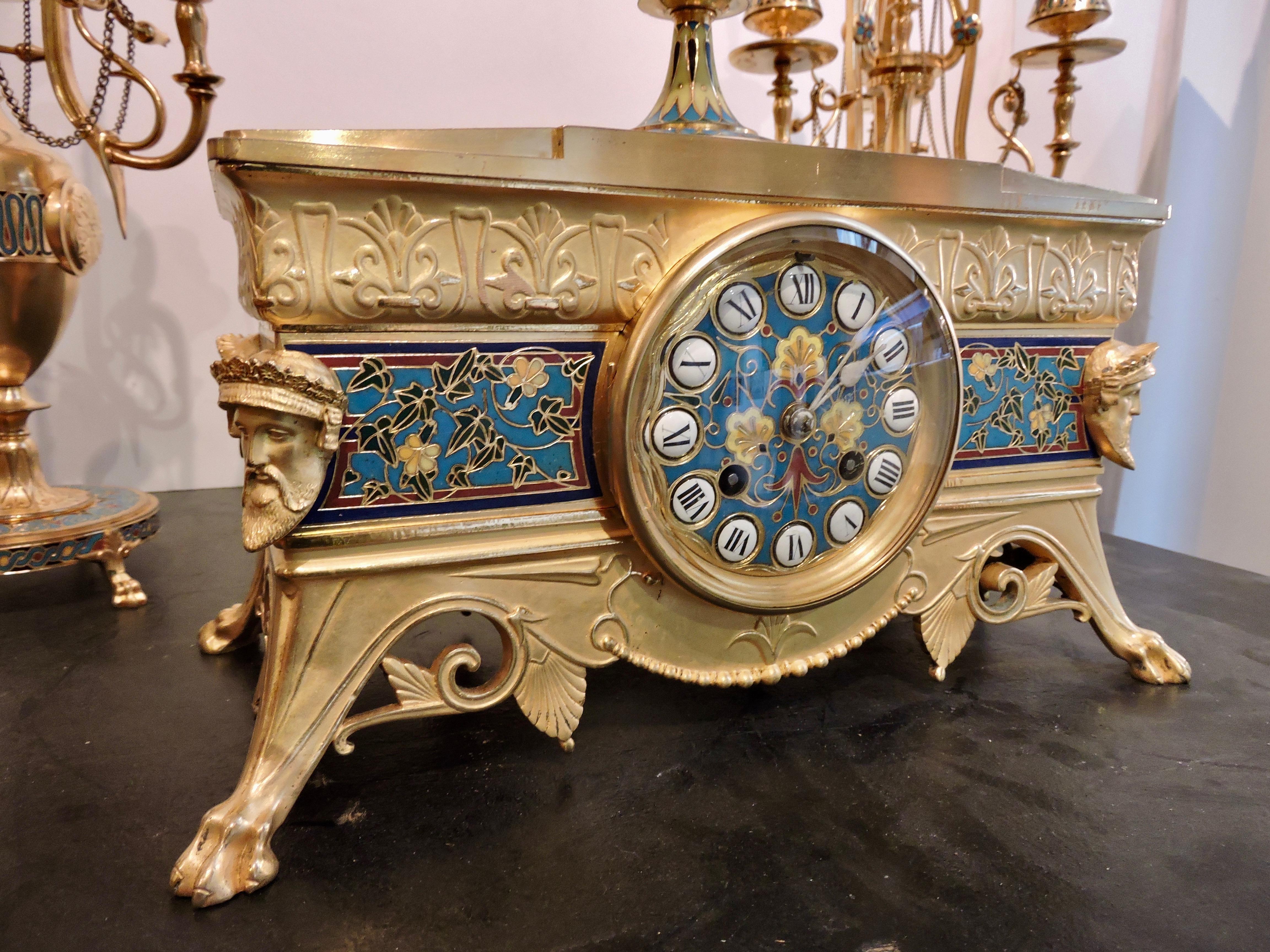 Cloissoné Ormolu and Cloisonné Enamel Three-Piece Clock Garniture by F.Barbedienne