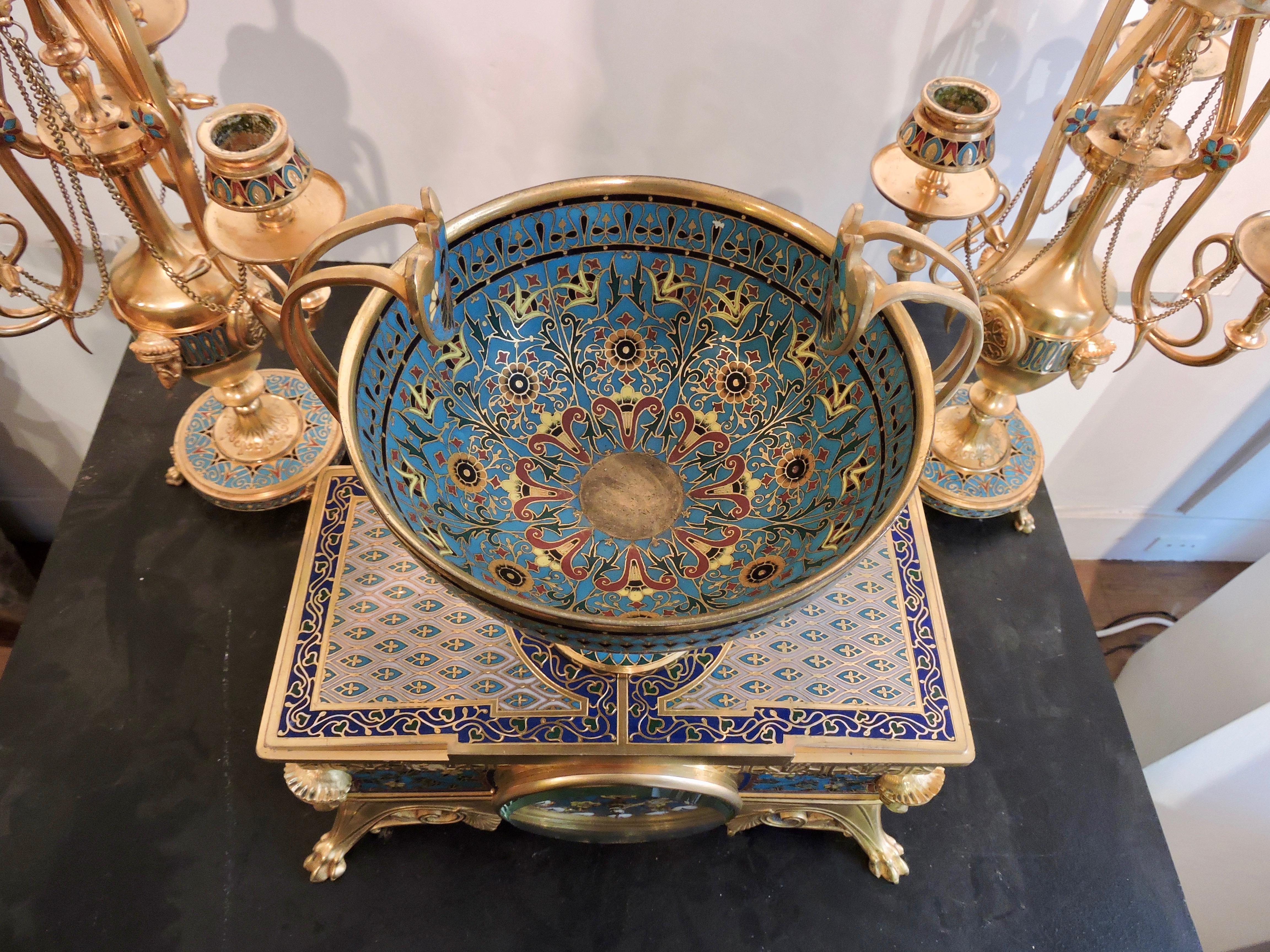 Ormolu and Cloisonné Enamel Three-Piece Clock Garniture by F.Barbedienne im Zustand „Gut“ in Saint-Ouen, FR