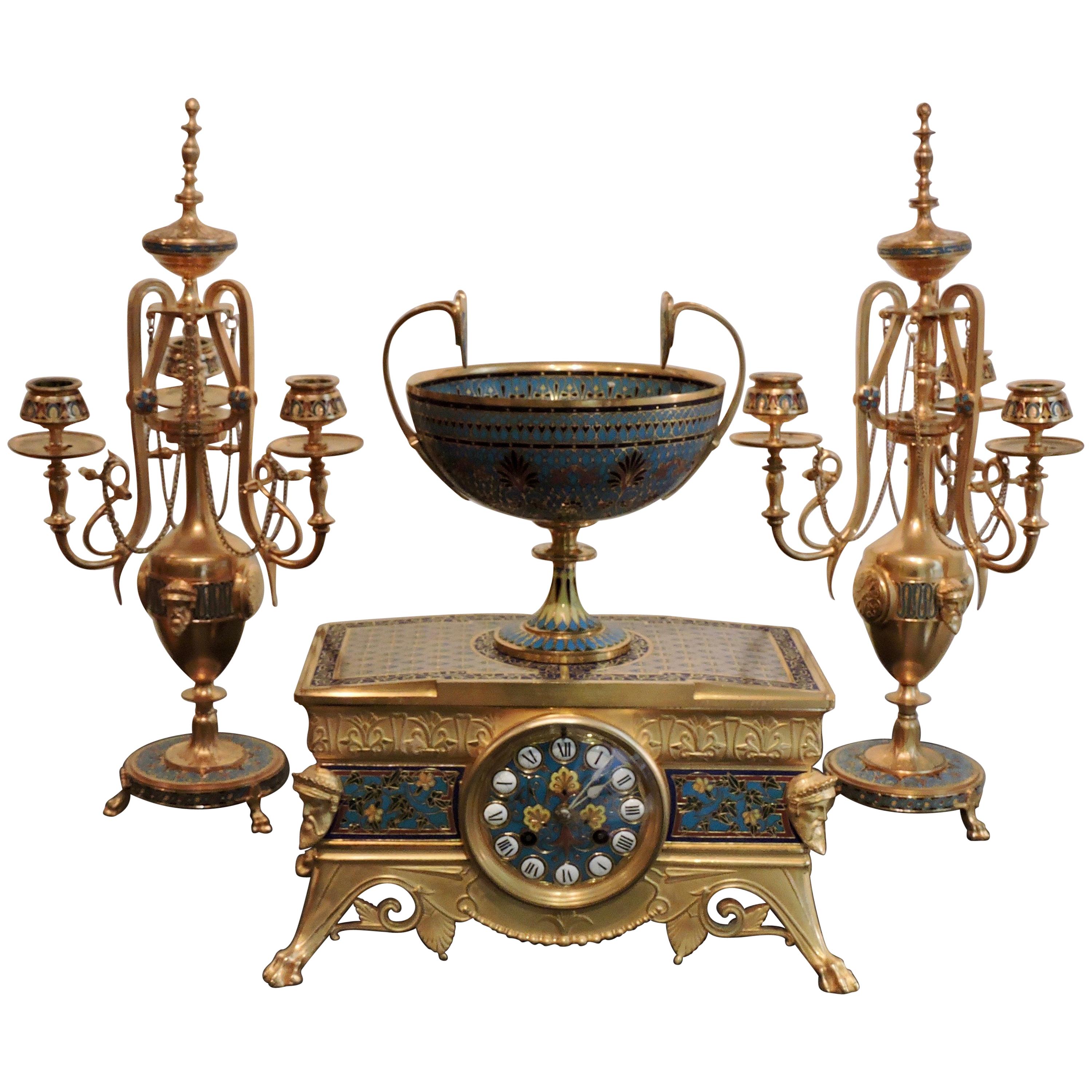 Ormolu and Cloisonné Enamel Three-Piece Clock Garniture by F.Barbedienne