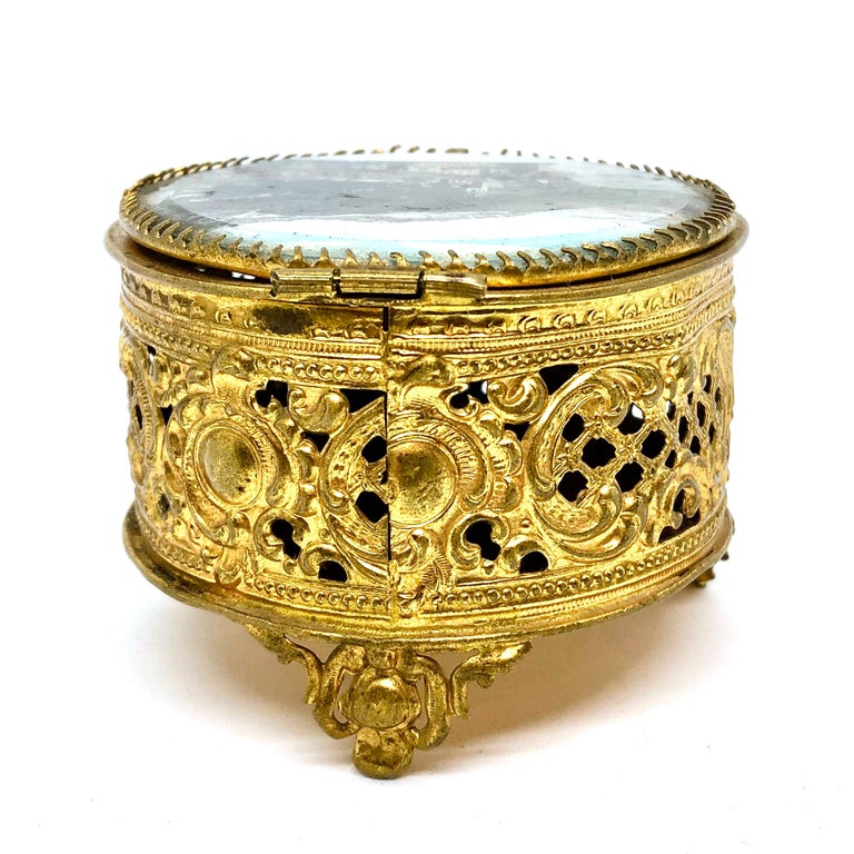 Ormolu and Glass Souvenir Trinket Jewelry Box, City of Meran, Italy