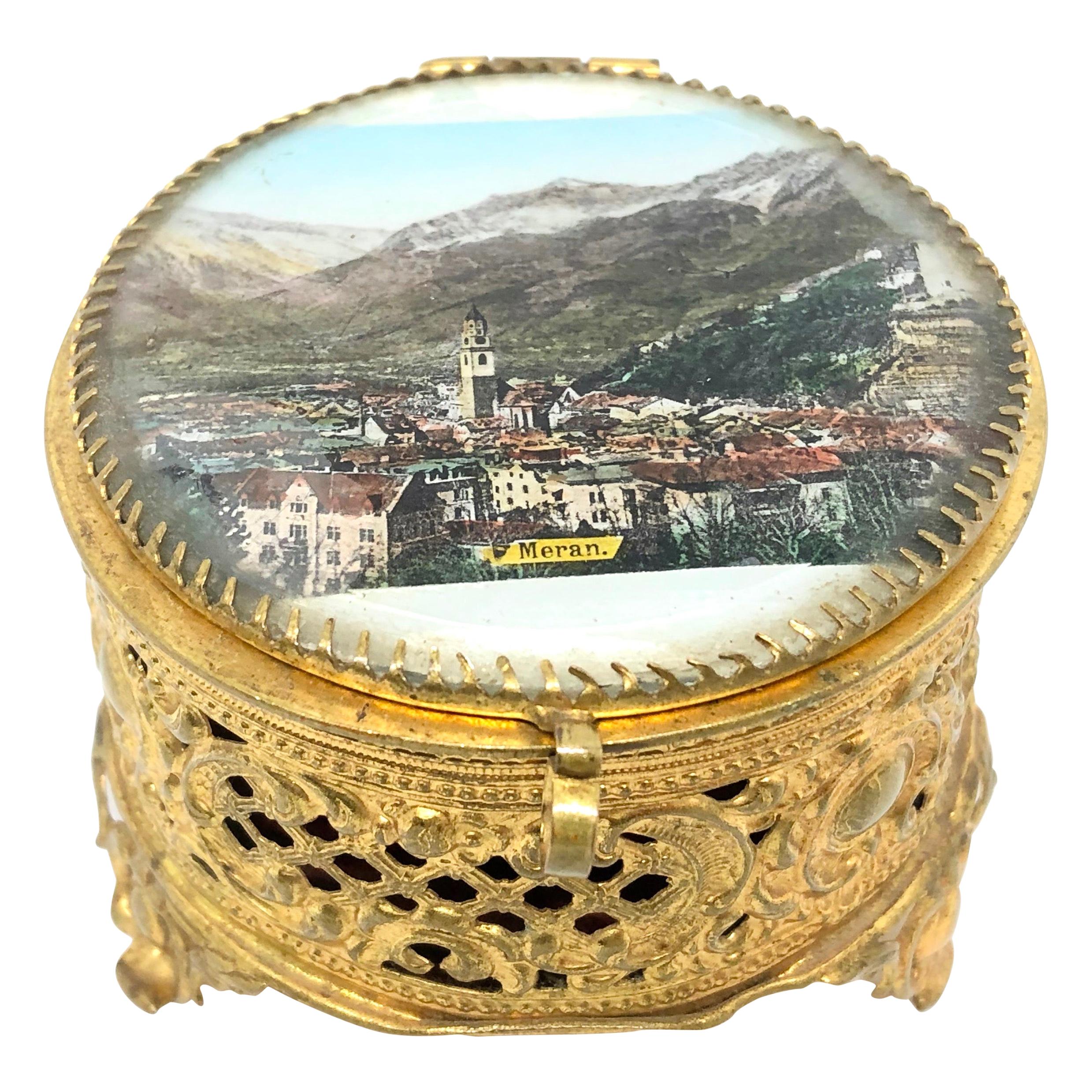Ormolu and Glass Souvenir Trinket Jewelry Box, City of Meran, Italy, circa 1900s