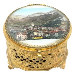 Antique Ormolu and Glass Souvenir Trinket Jewelry Box, City of Meran, Italy, circa 1900s