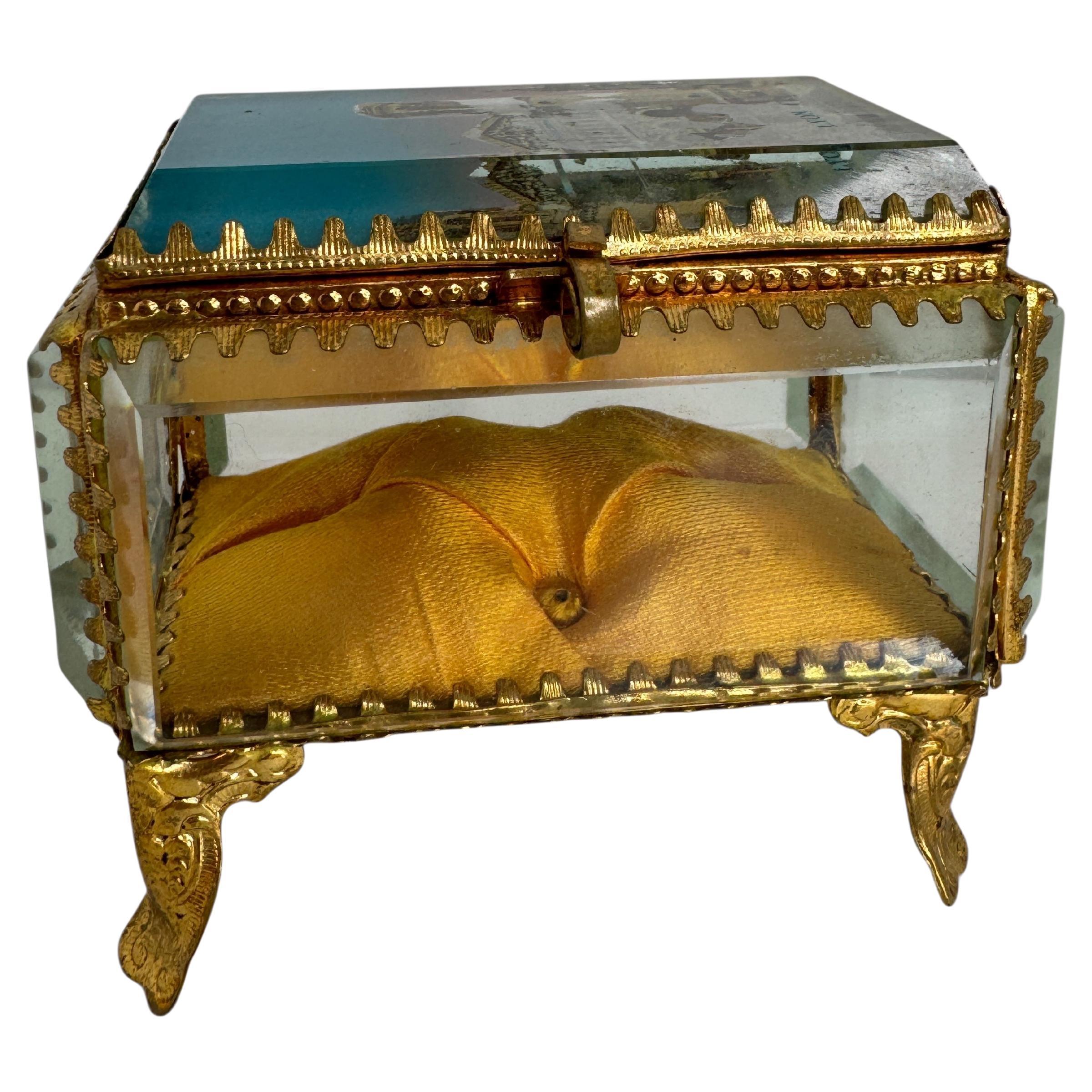 Ormolu and Glass Souvenir Trinket Jewelry Box, Lyon France, circa 1900s