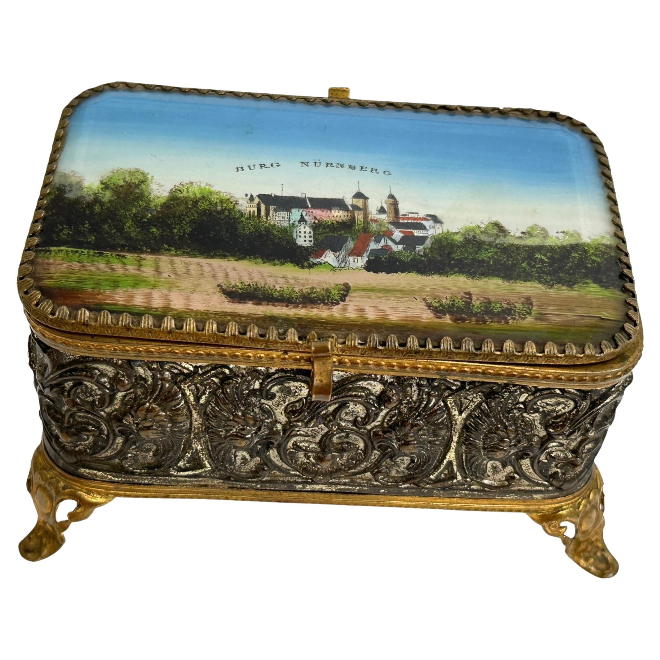 Ormolu and Glass Souvenir Trinket Jewelry Box, Nuremberg Castle, circa 1900s