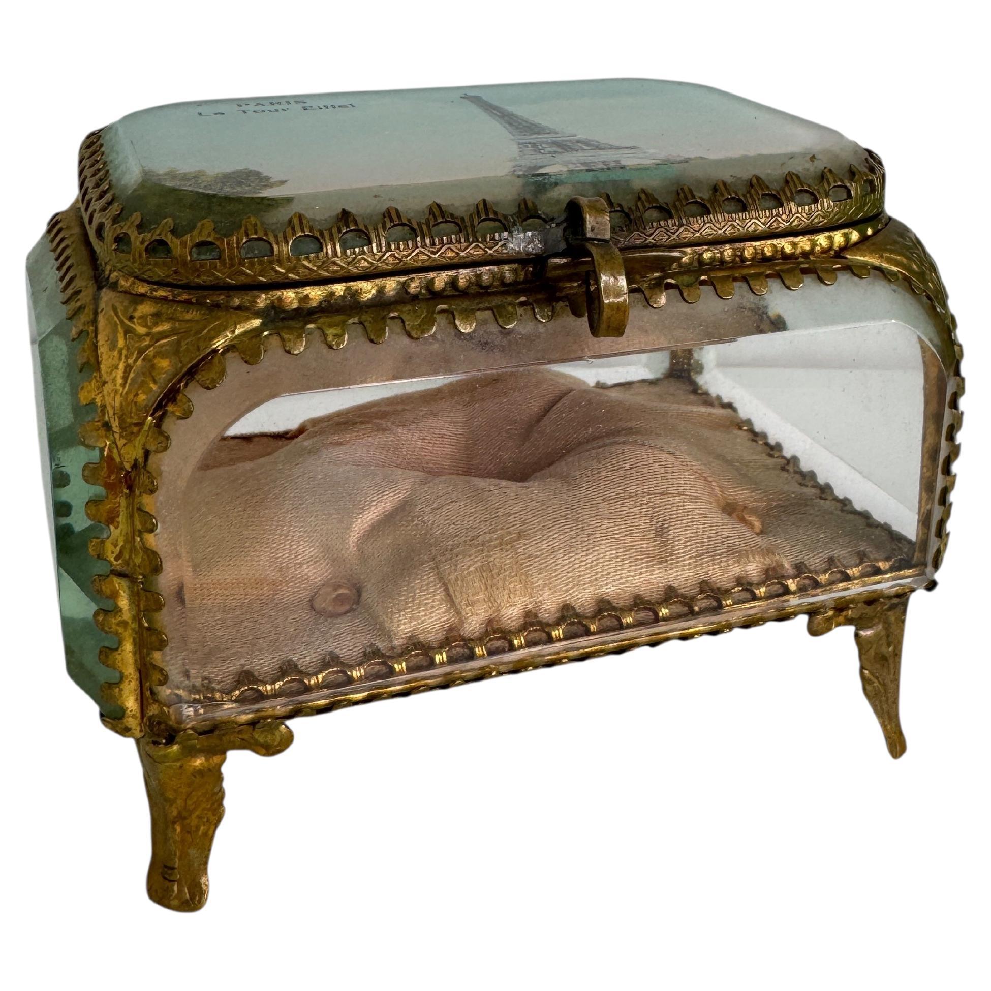 Ormolu and Glass Souvenir Trinket Jewelry Box, Paris la Tour Eiffel, circa 1900s