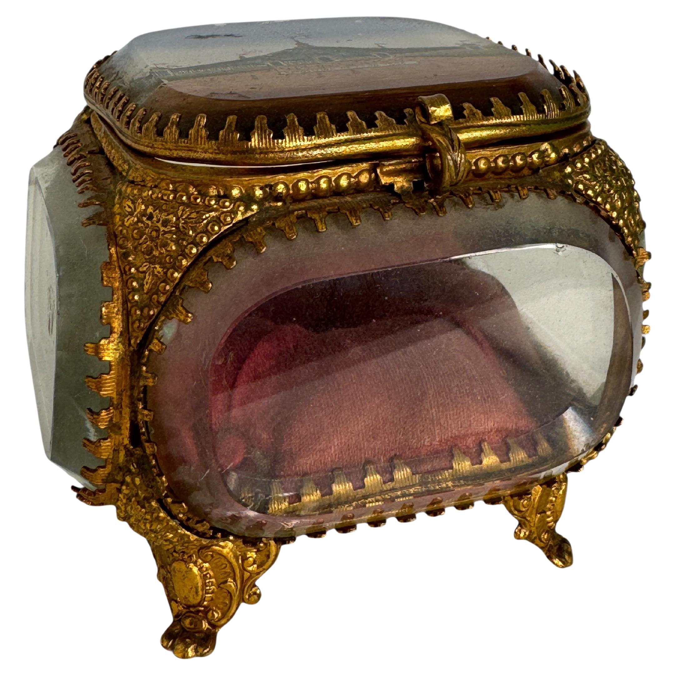 Ormolu and Glass Souvenir Trinket Jewelry Box, Worlds Fair Lyon, France 18940s