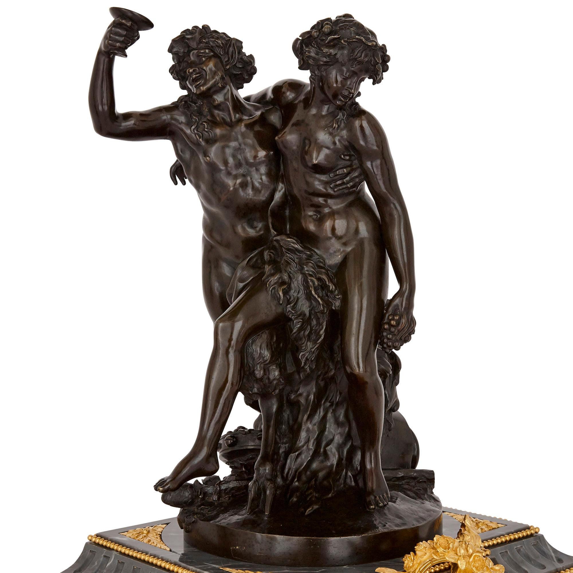 Belle Époque Ormolu and Patinated Bronze Mounted Clock Set by Denière For Sale