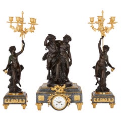 Ormolu and Patinated Bronze Mounted Clock Set by Denière