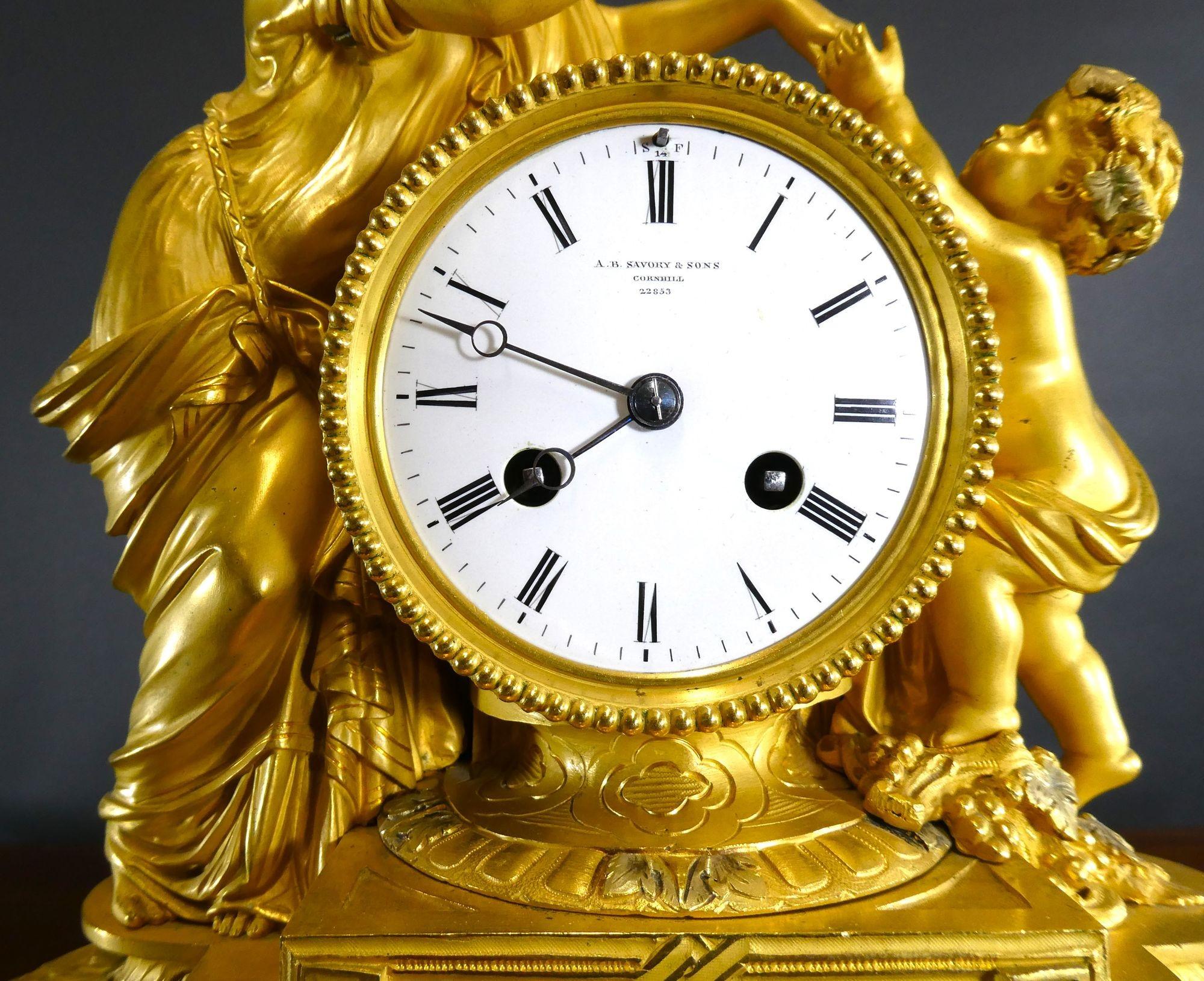 Ormolu and Porcelain Panel Mantel Clock, A.B.Savory, Cornhill In Good Condition For Sale In Norwich, GB