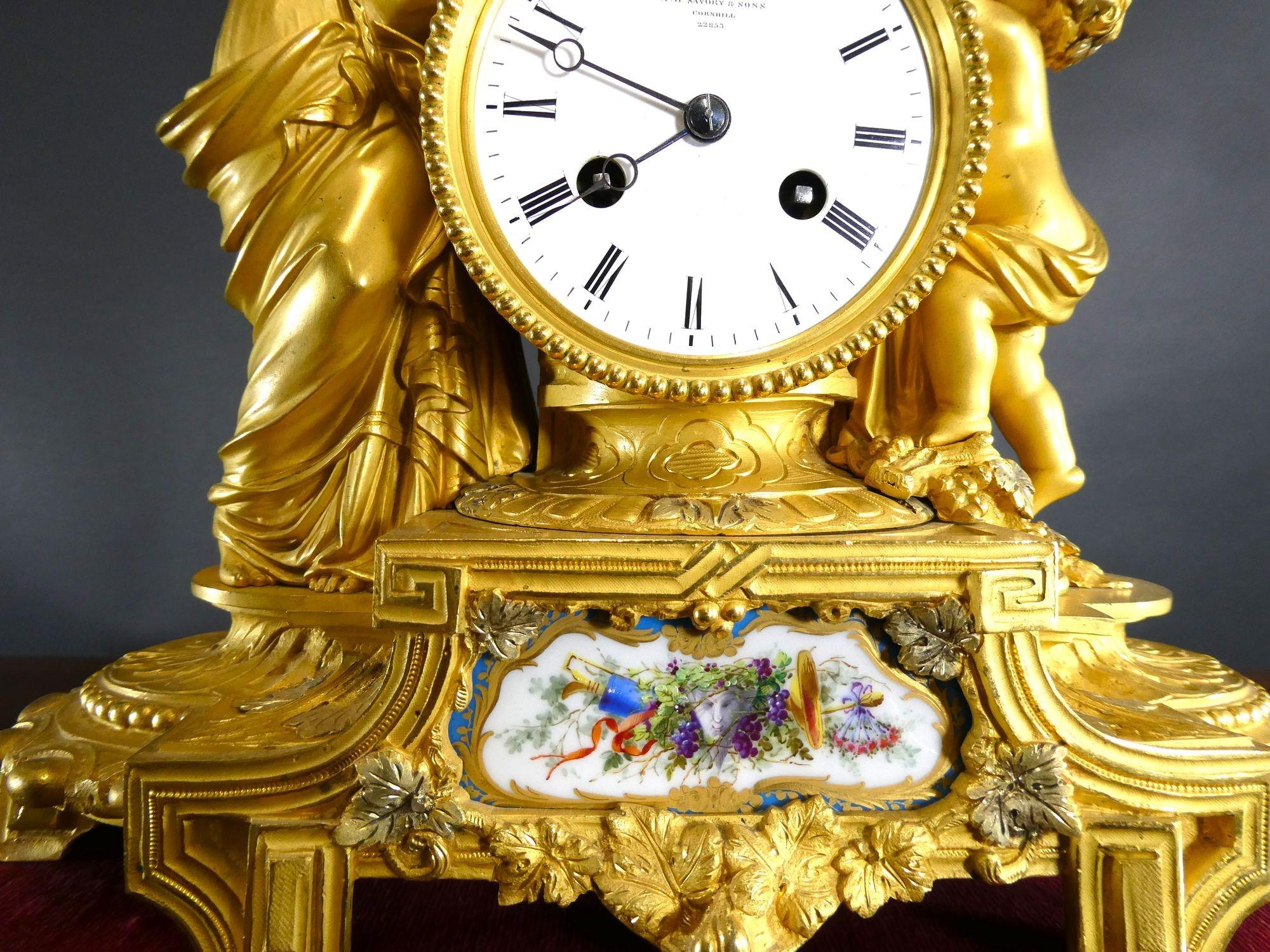 Mid-19th Century Ormolu and Porcelain Panel Mantel Clock, A.B.Savory, Cornhill For Sale