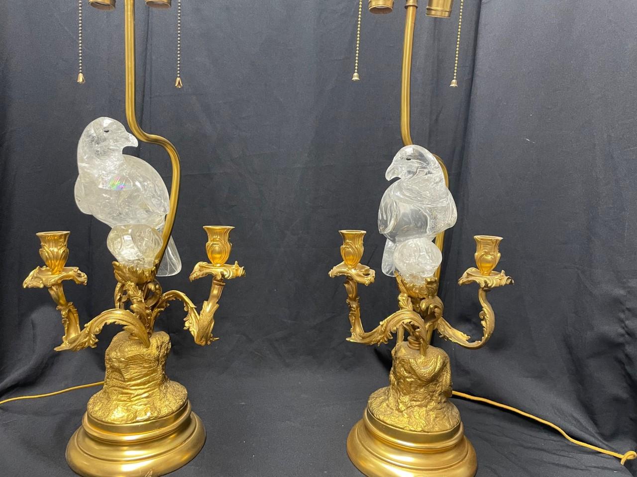 Ormolu and Rock Crystal Bird Candelabra Lamps, French Louis XV Style For Sale 7