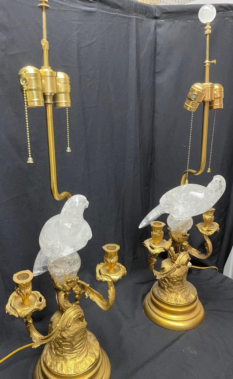 Ormolu and Rock Crystal Bird Candelabra Lamps, French Louis XV Style For Sale 9