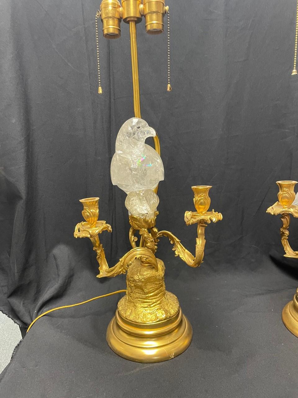 Ormolu and Rock Crystal Bird Candelabra Lamps, French Louis XV Style For Sale 11