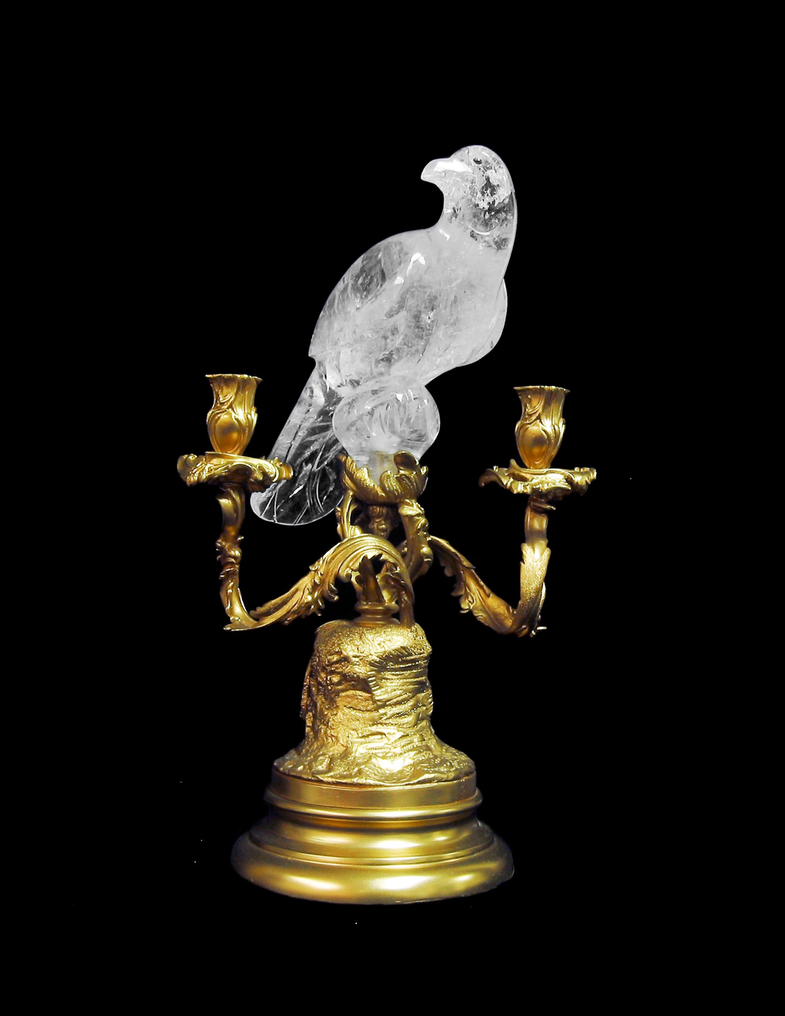 Vogel-Kandelaberlampen aus Goldbronze und Bergkristall, im französischen Louis XV.-Stil (21. Jahrhundert und zeitgenössisch) im Angebot