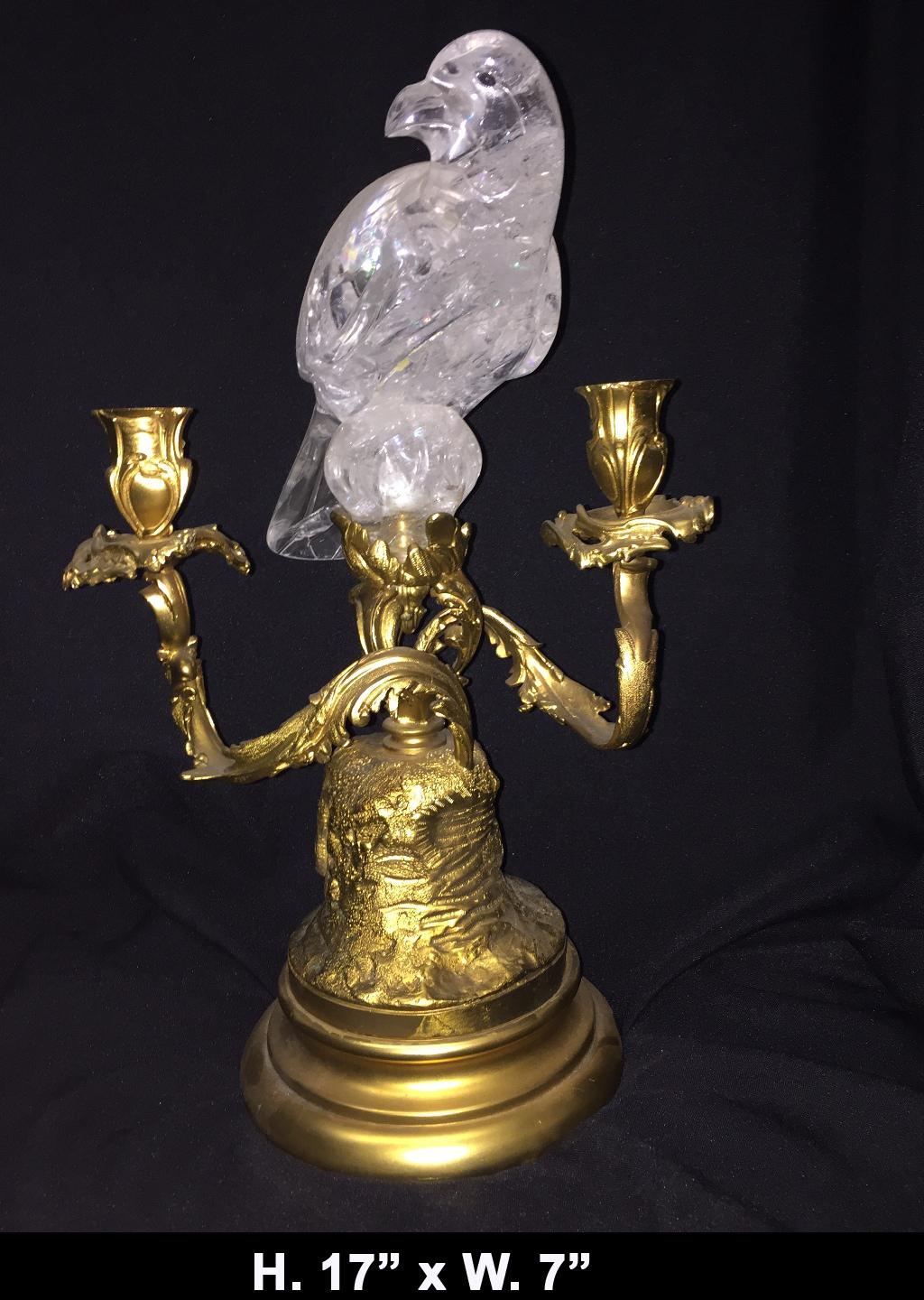 Vogel-Kandelaberlampen aus Goldbronze und Bergkristall, im französischen Louis XV.-Stil im Angebot 1