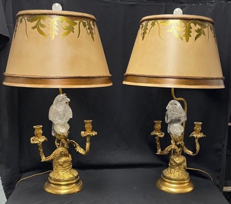 Ormolu and Rock Crystal Bird Candelabra Lamps, French Louis XV Style For Sale 5