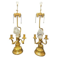 Ormolu and Rock Crystal Bird Candelabra Lamps, French Louis XV Style