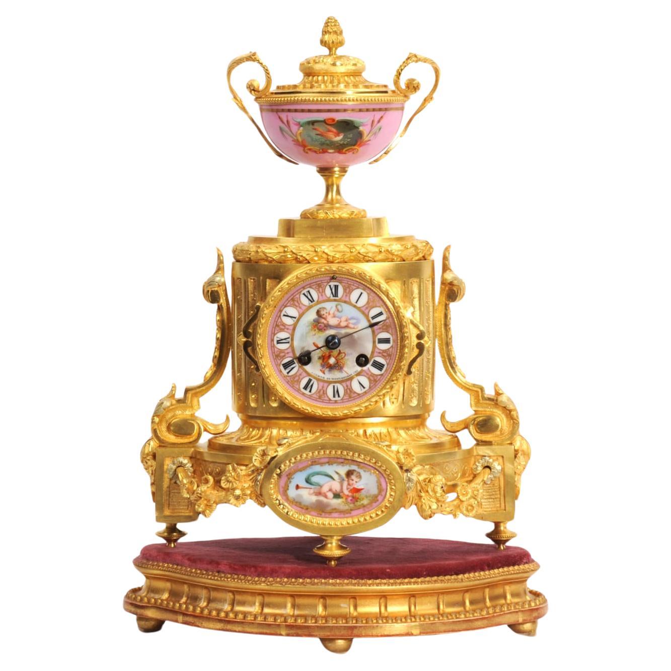 Antike französische Uhr aus Goldbronze und Sevres-Porzellan von Achille Brocot
