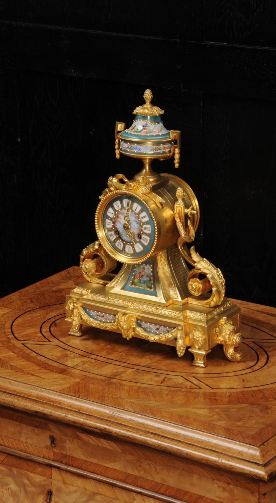 A superb clock by the illustrious clockmaker Le Roy et Fils of Paris, circa 1860. The crisp ormolu (finely gilded bronze), beautifully modelled and chased, is mounted with exquisite Sèvres style porcelain. Porcelain has a turquoise ground and is