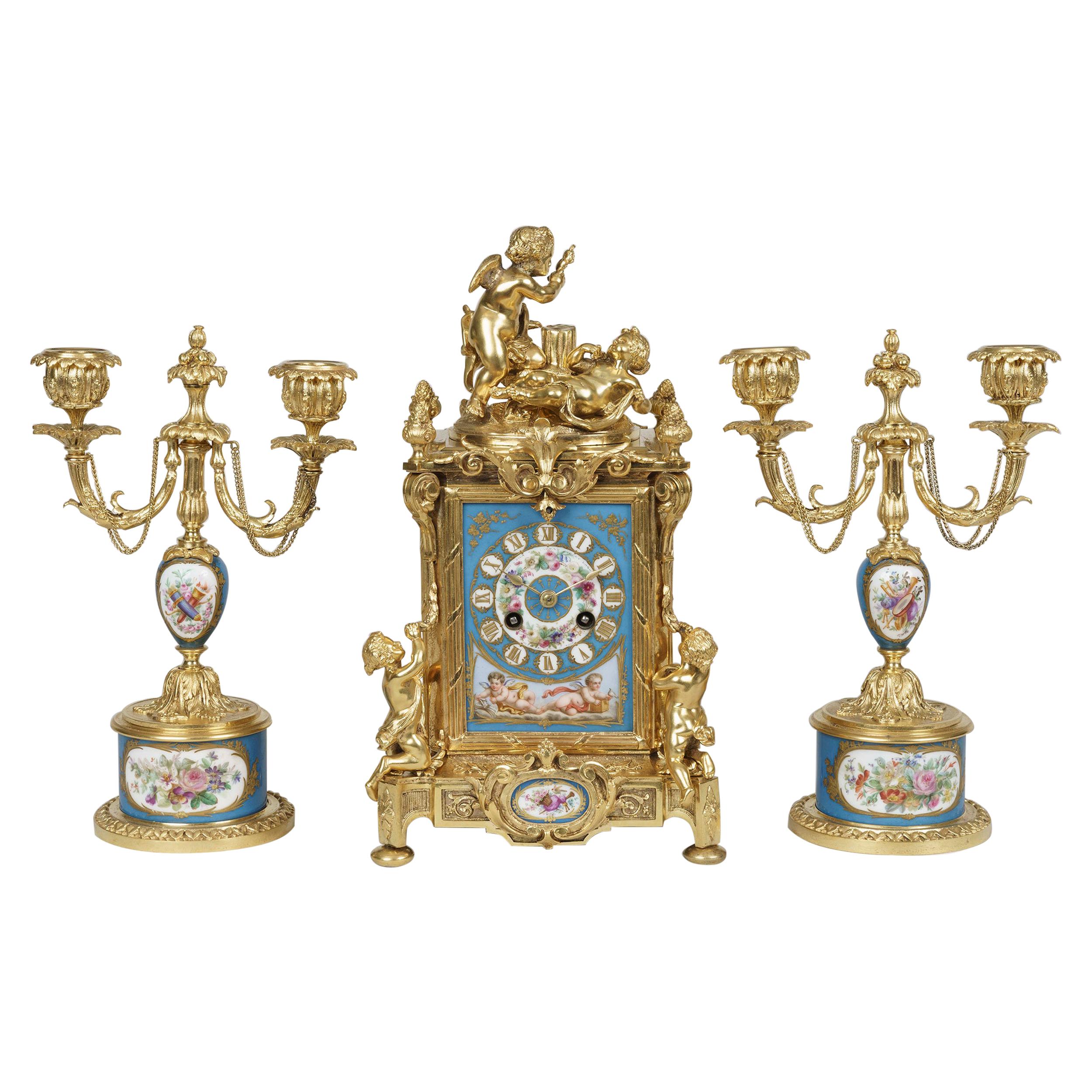 Ormolu and Sèvres Style Porcelain Mounted Clock Set in the Louis XVI Manner For Sale