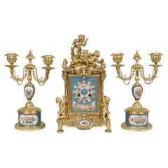 Used Ormolu and Sèvres Style Porcelain Mounted Clock Set in the Louis XVI Manner